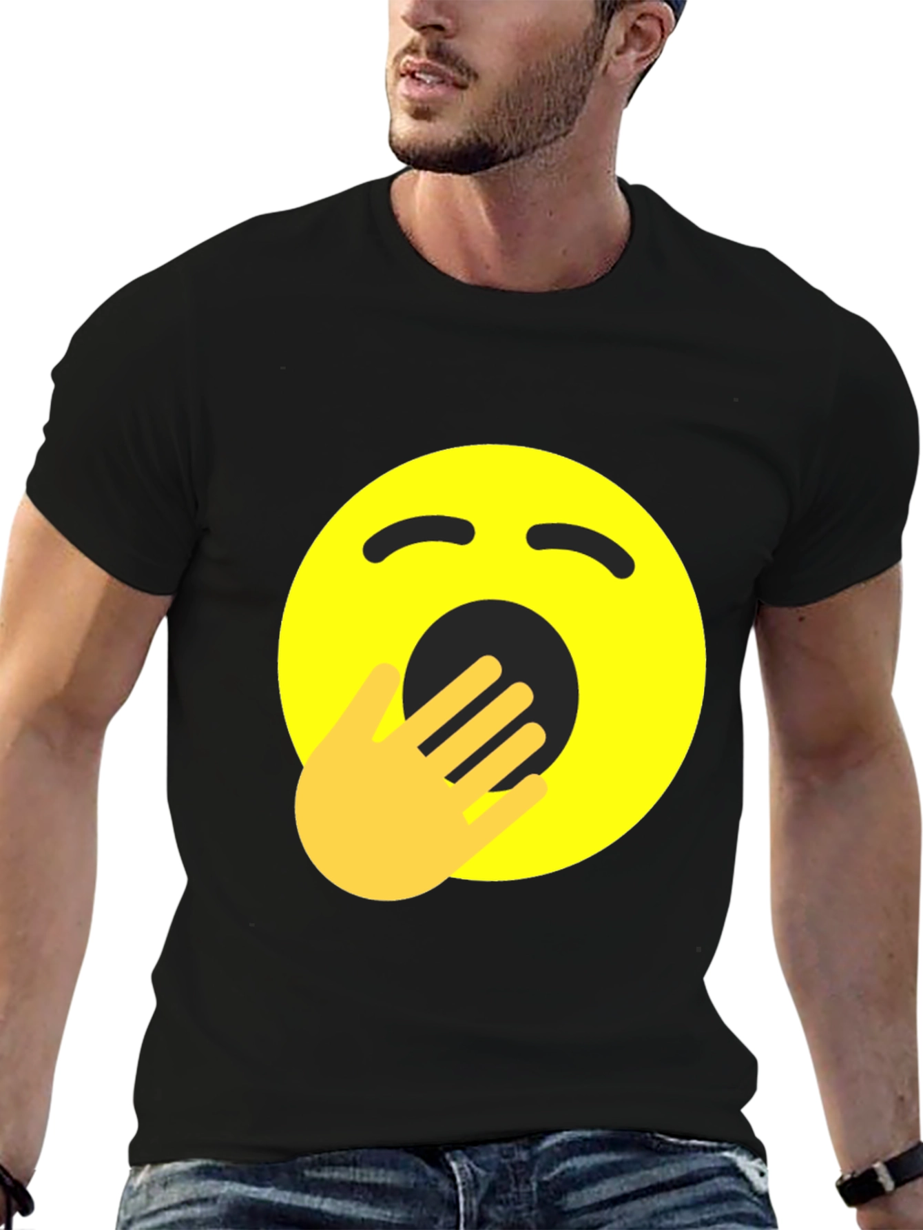 Yawning Emoji Graphic Tee - Black Cotton Comfort