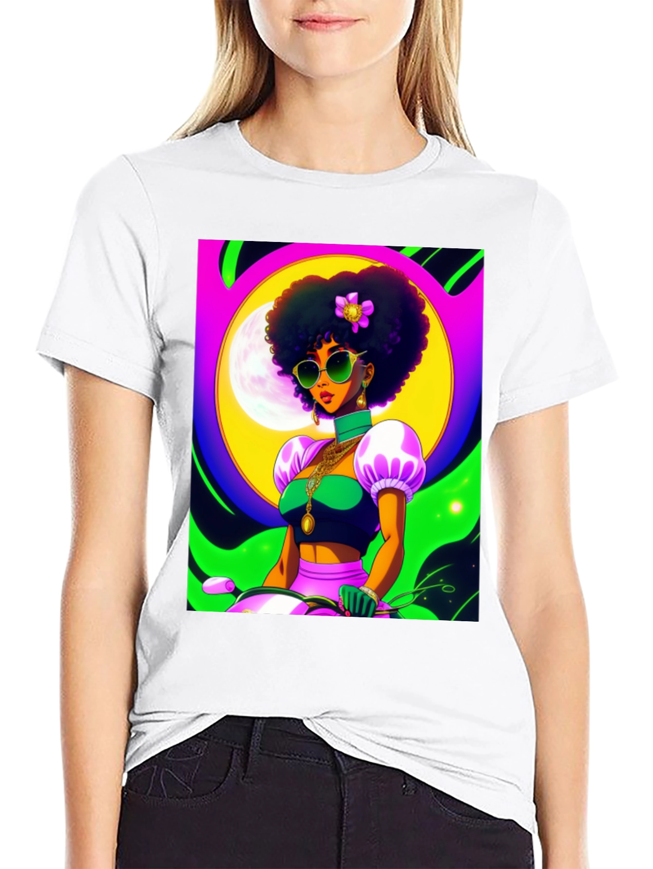 Funky Retro Afro Woman T-Shirt - Black