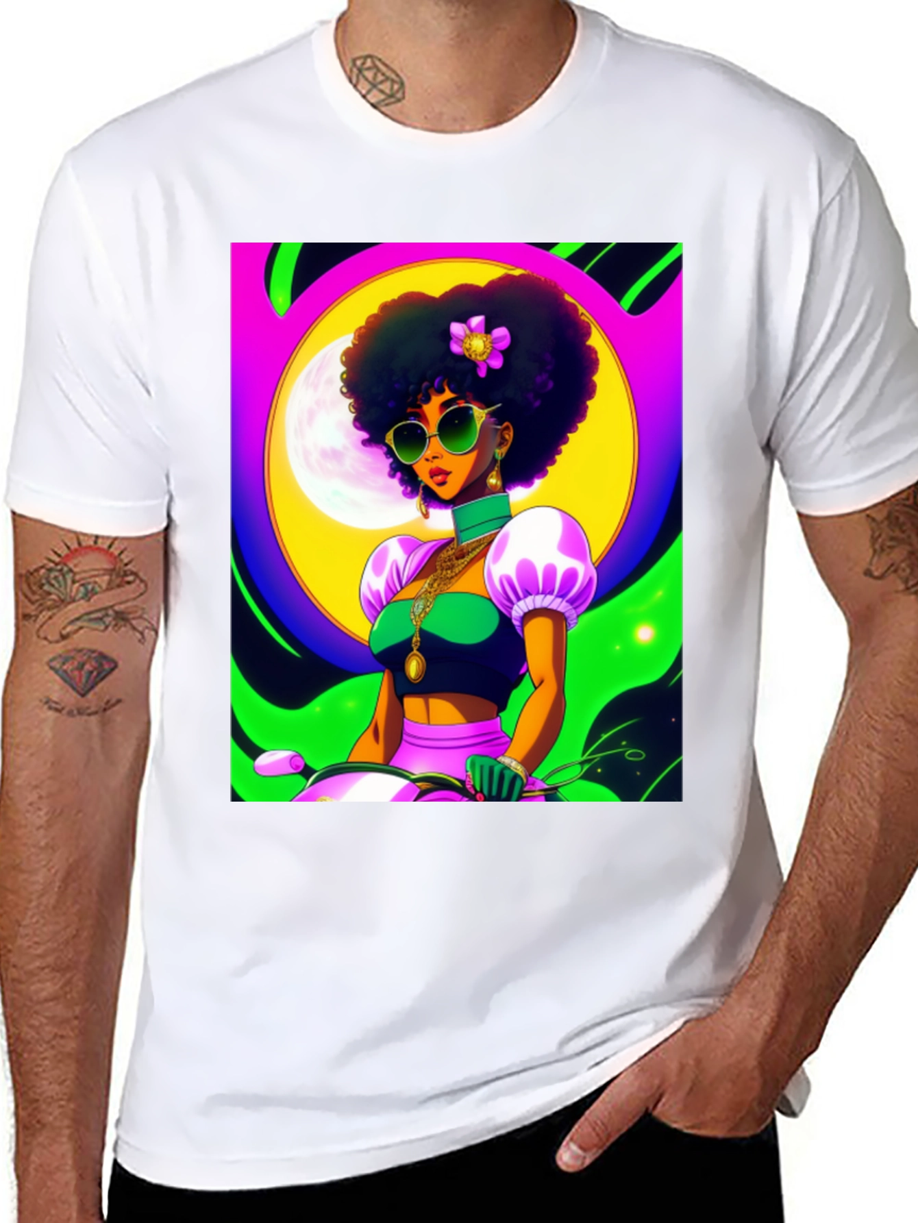 Funky Retro Afro Woman T-Shirt - Black