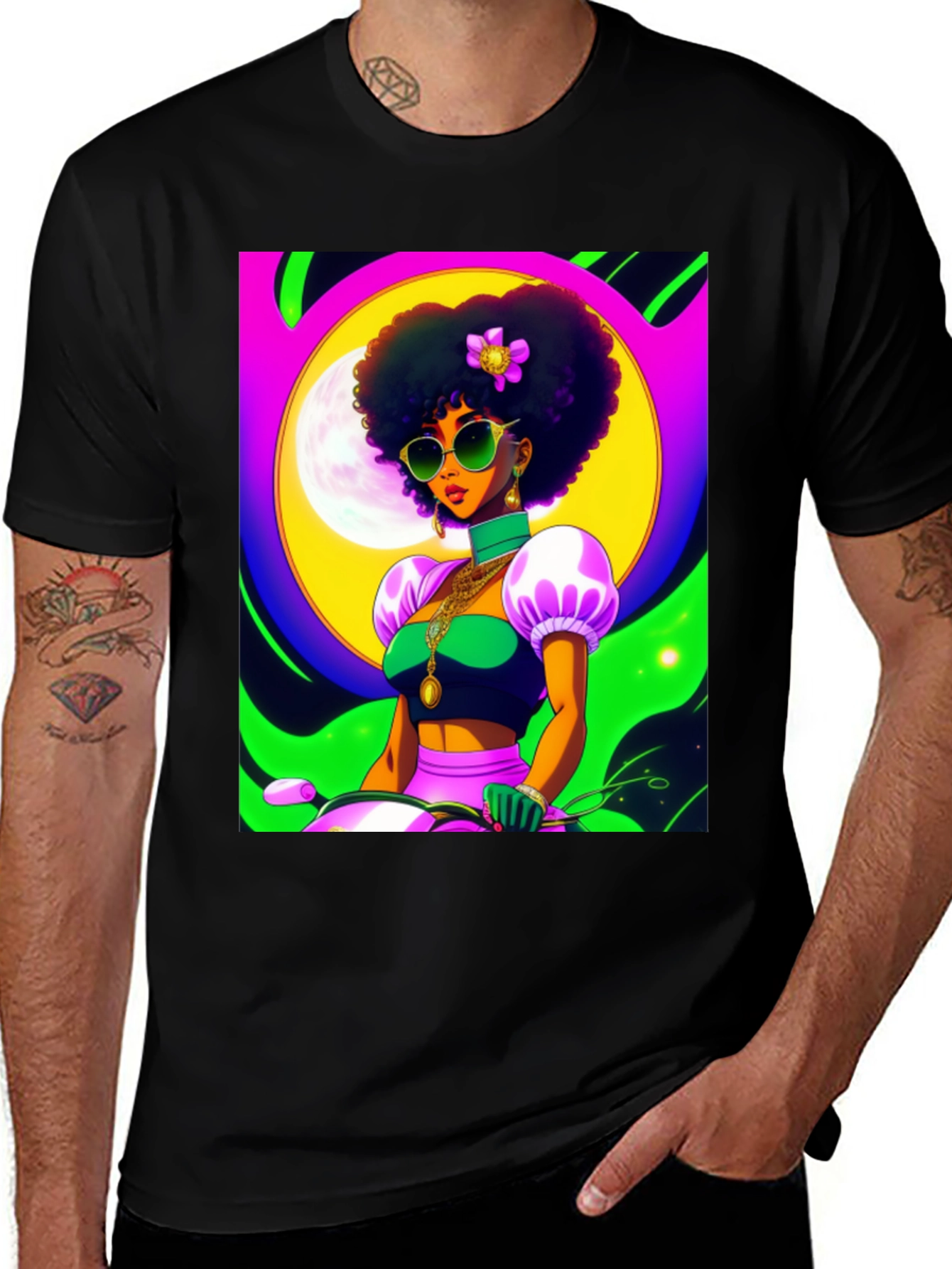Funky Retro Afro Woman T-Shirt - Black