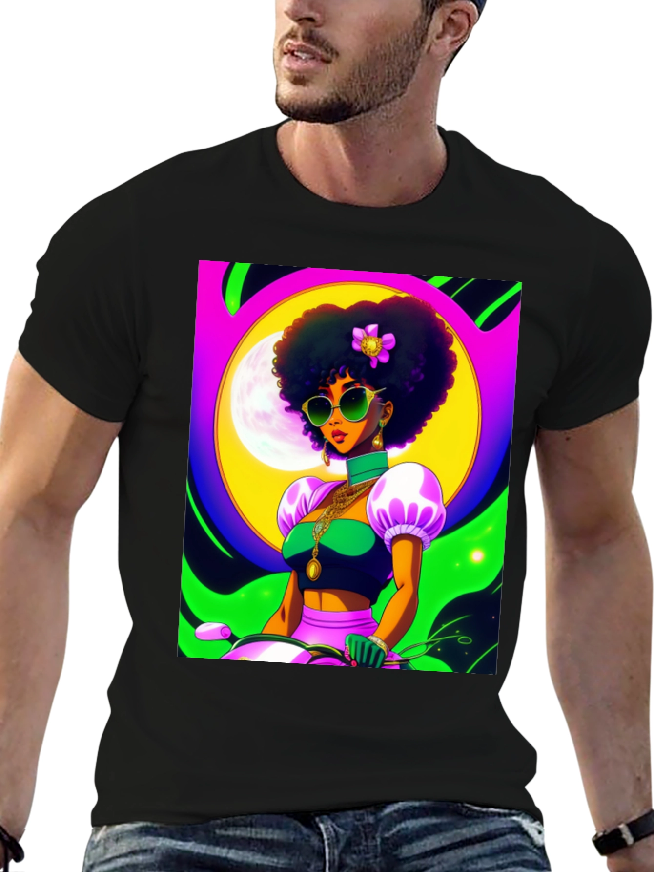 Funky Retro Afro Woman T-Shirt - Black