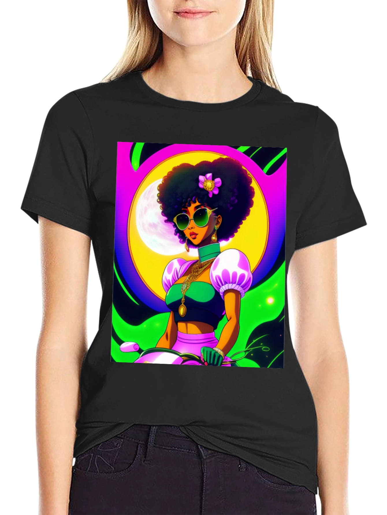 Funky Retro Afro Woman T-Shirt - Black