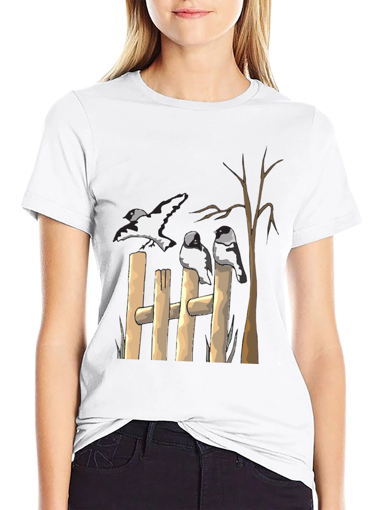 Birds on Fence Graphic T-Shirt - Casual Tee