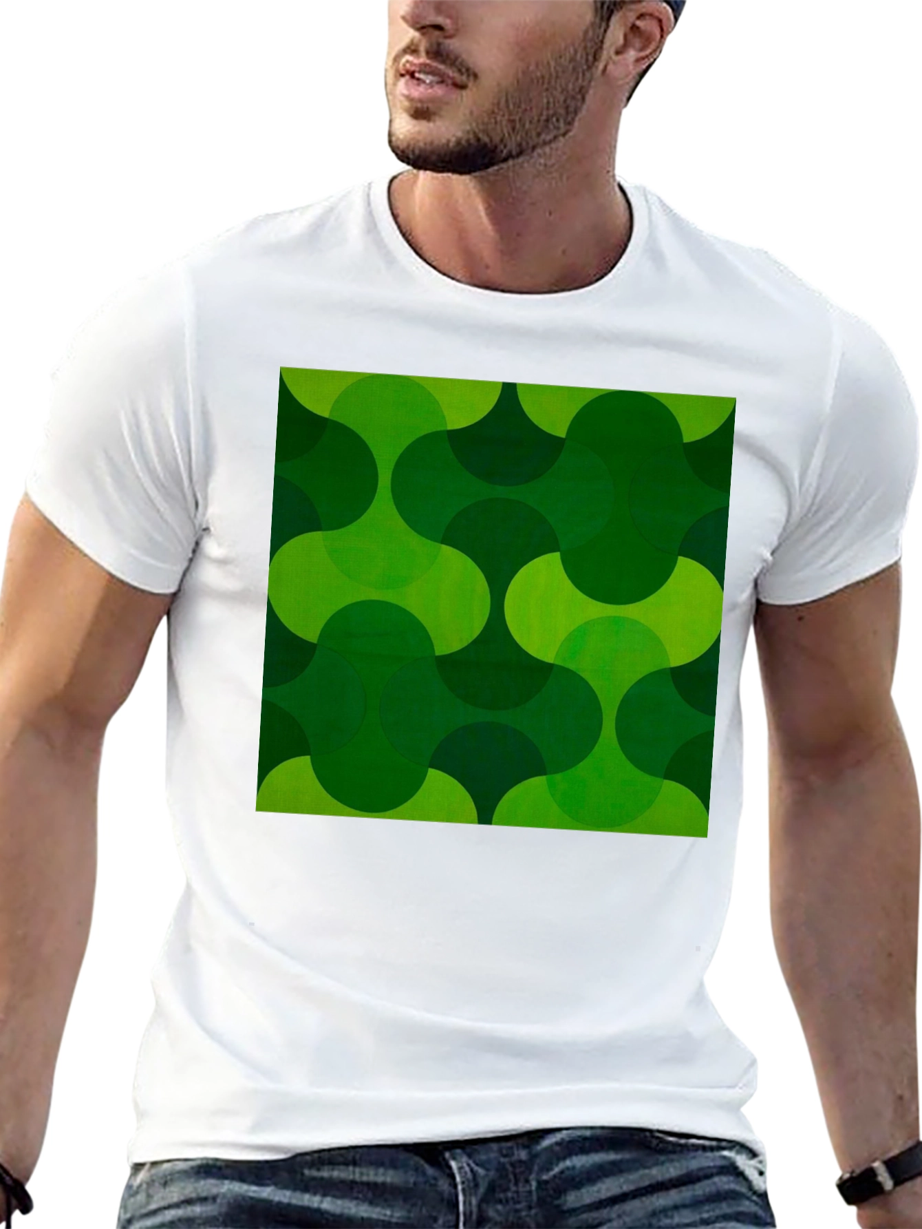 Retro Green Geometric Print Black T-Shirt