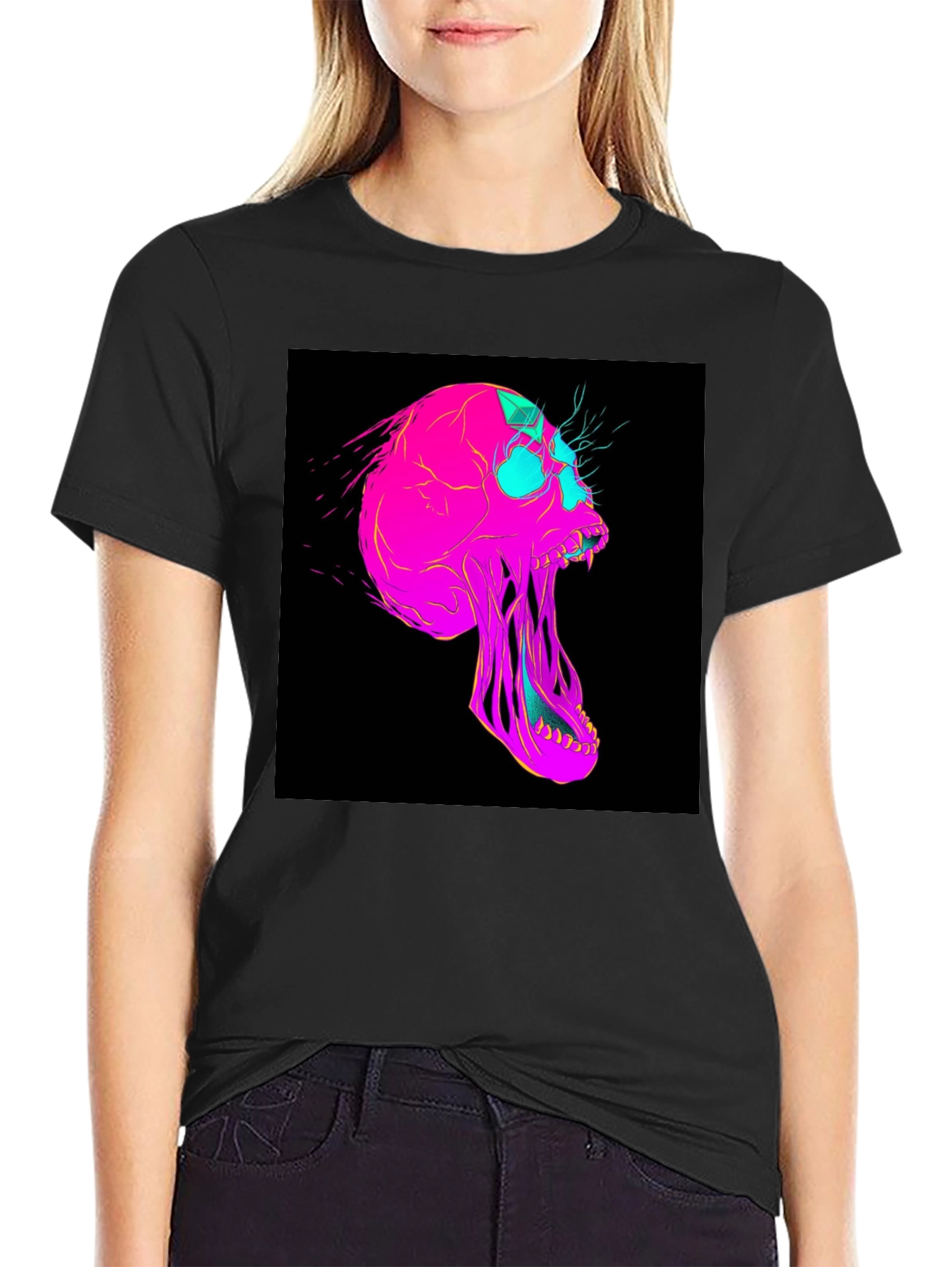 Vaporwave Skull Graphic Tee - Black Cotton T-Shirt