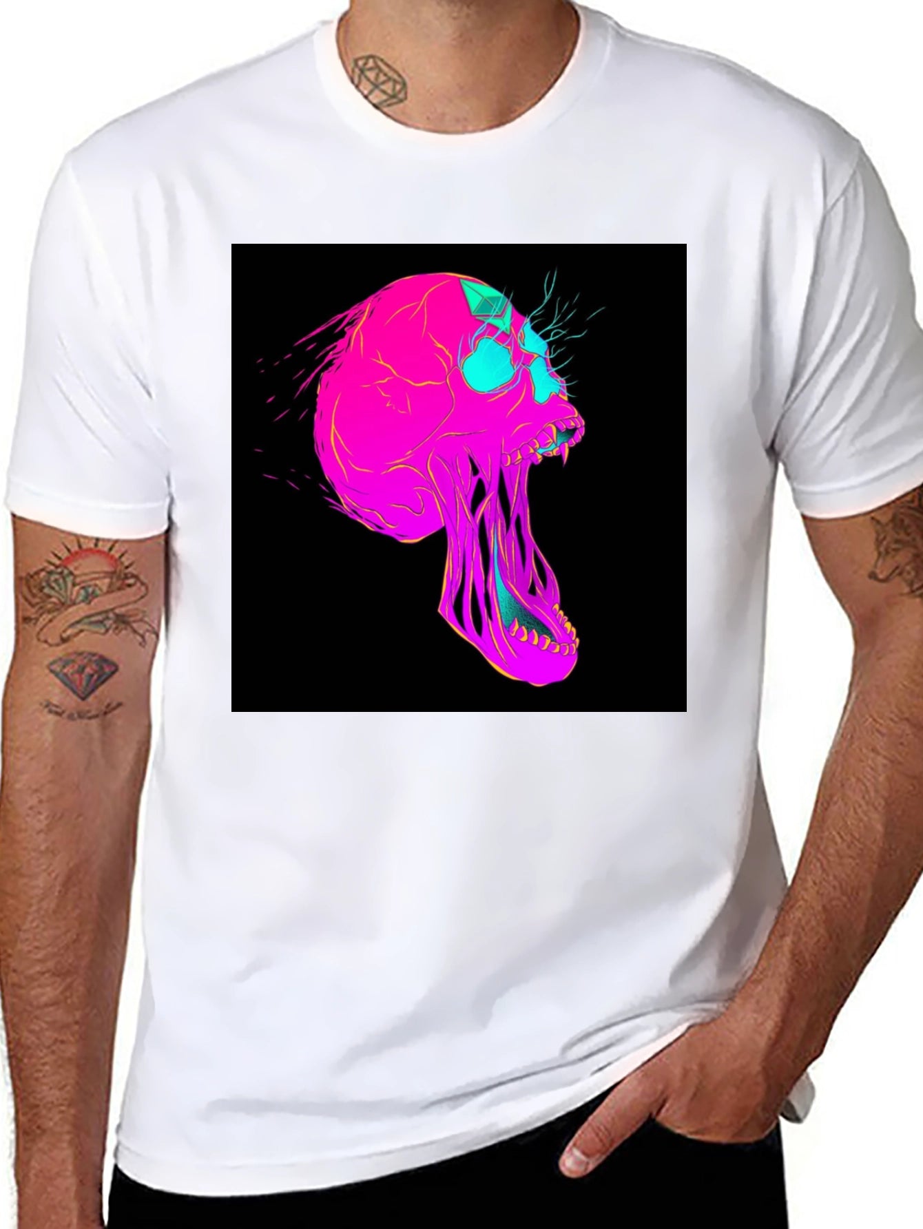 Vaporwave Skull Graphic Tee - Black Cotton T-Shirt