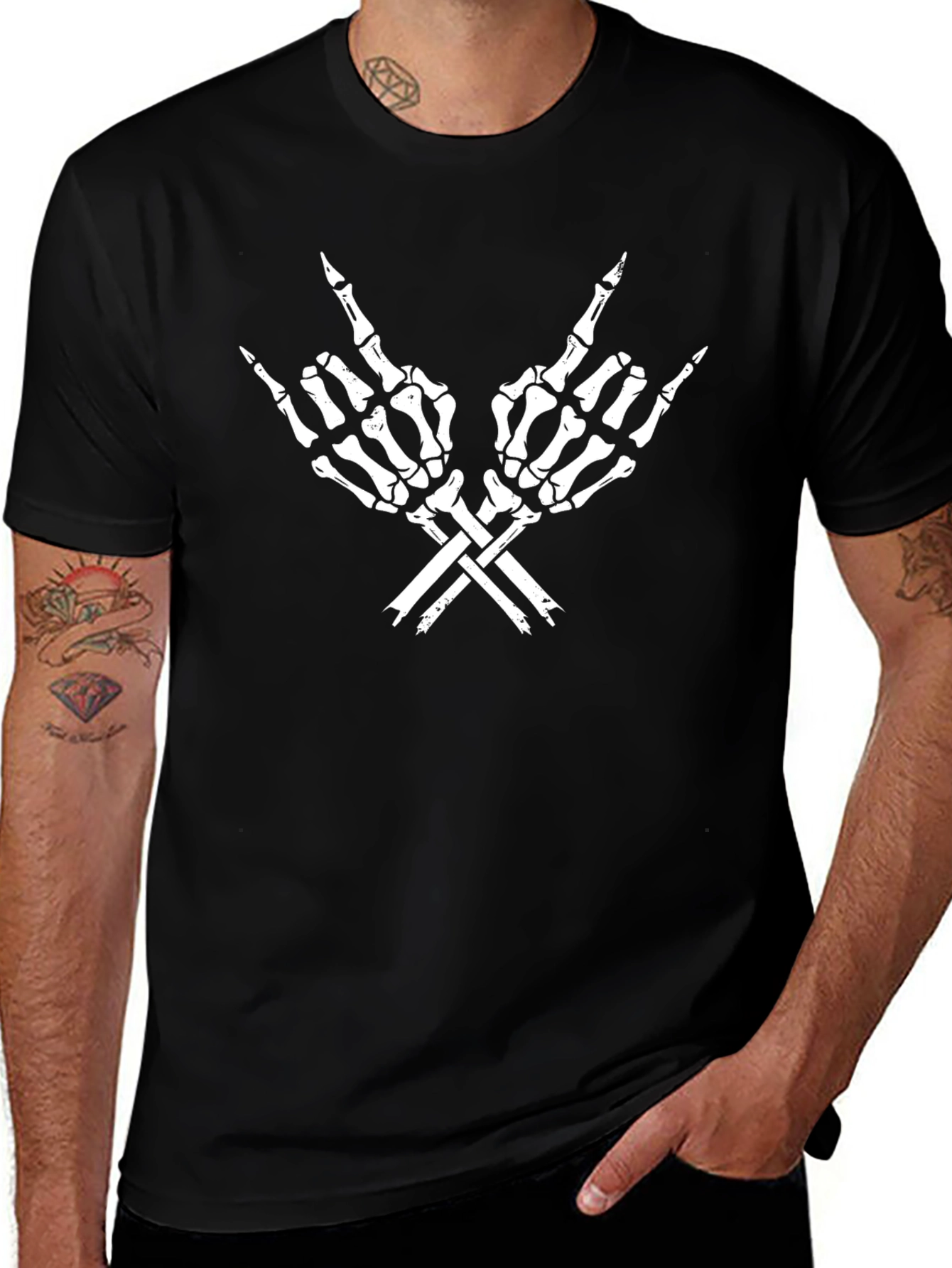 Rock On Skeleton Hand Graphic T-Shirt - Black