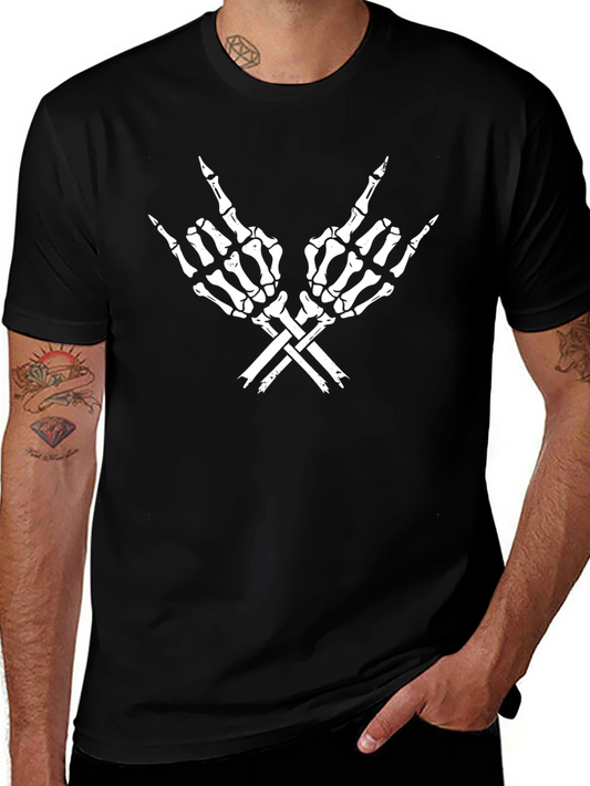 Rock On Skeleton Hand Graphic T-Shirt - Black