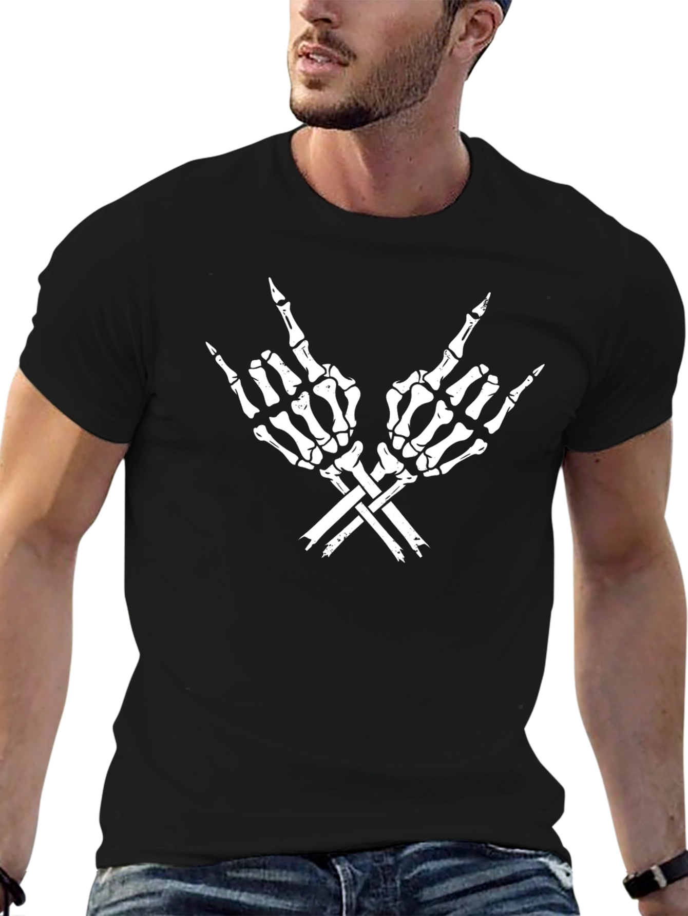 Rock On Skeleton Hand Graphic T-Shirt - Black
