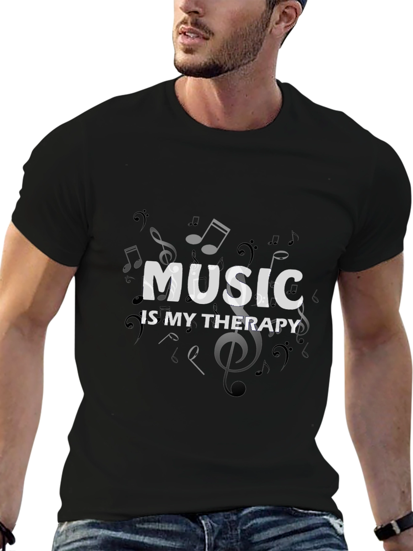 Music is My Therapy Black T-Shirt