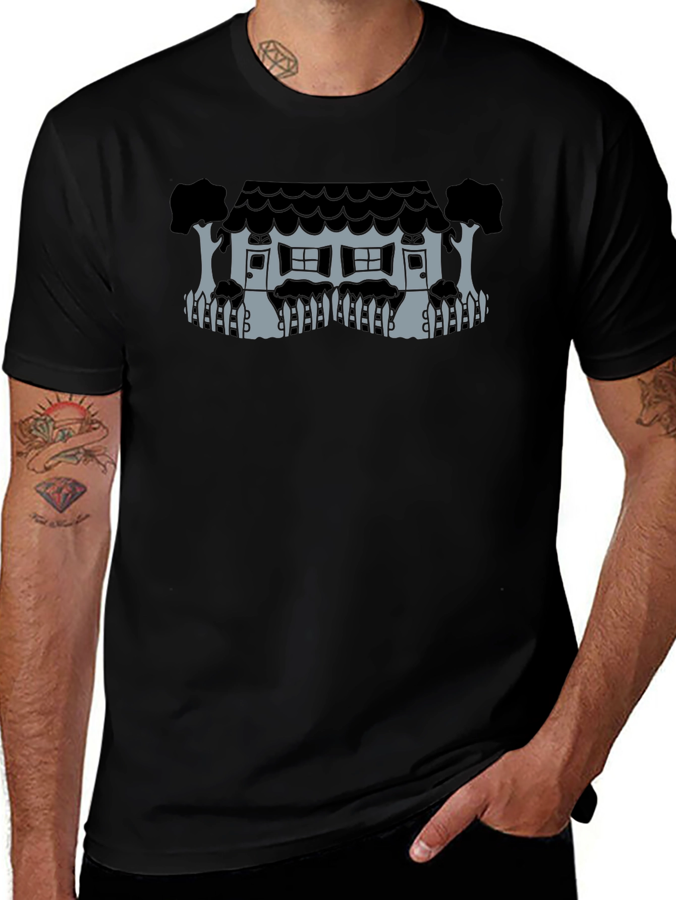 Whimsical House Graphic Tee - Black Unisex T-Shirt