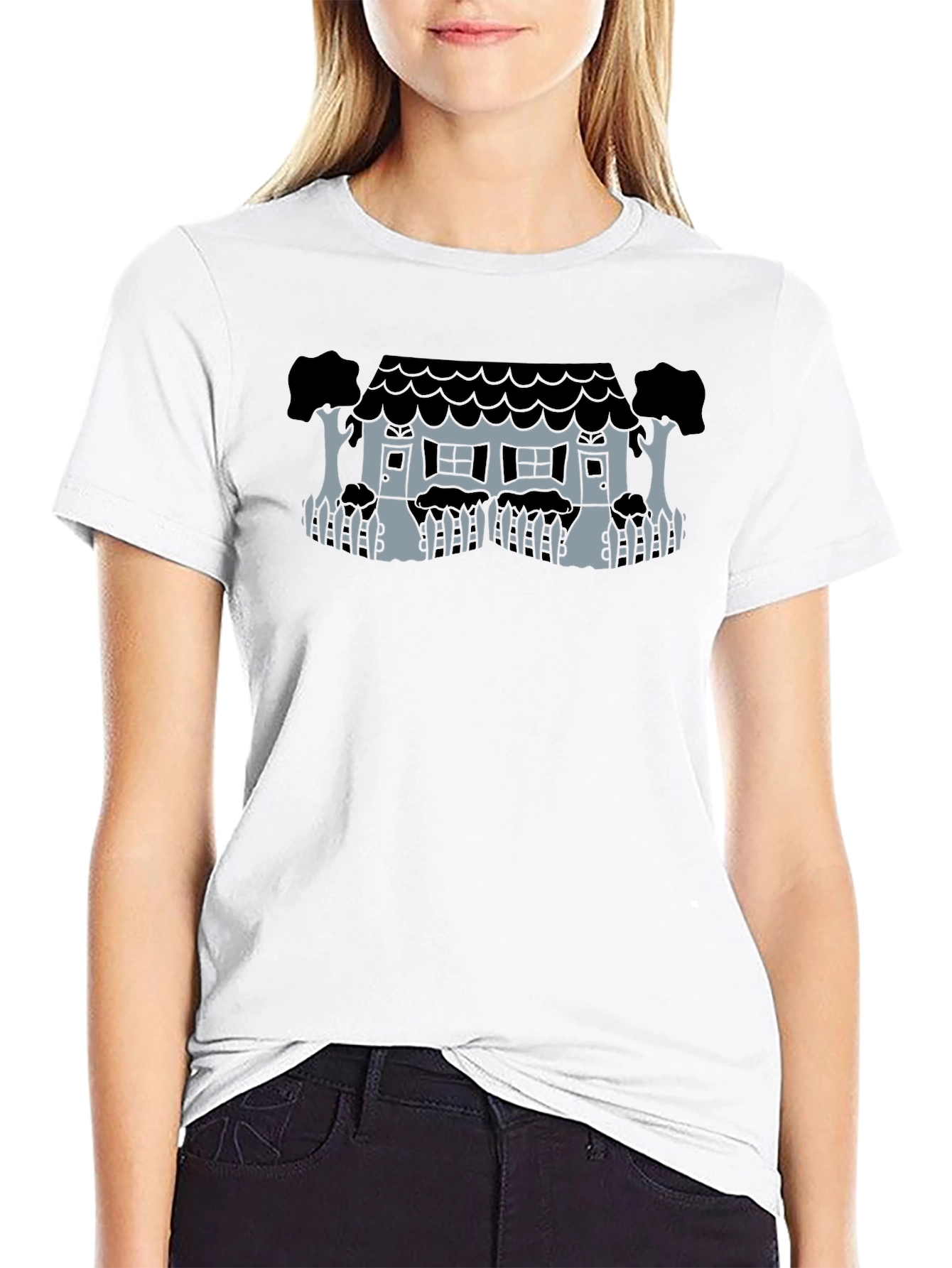 Whimsical House Graphic Tee - Black Unisex T-Shirt