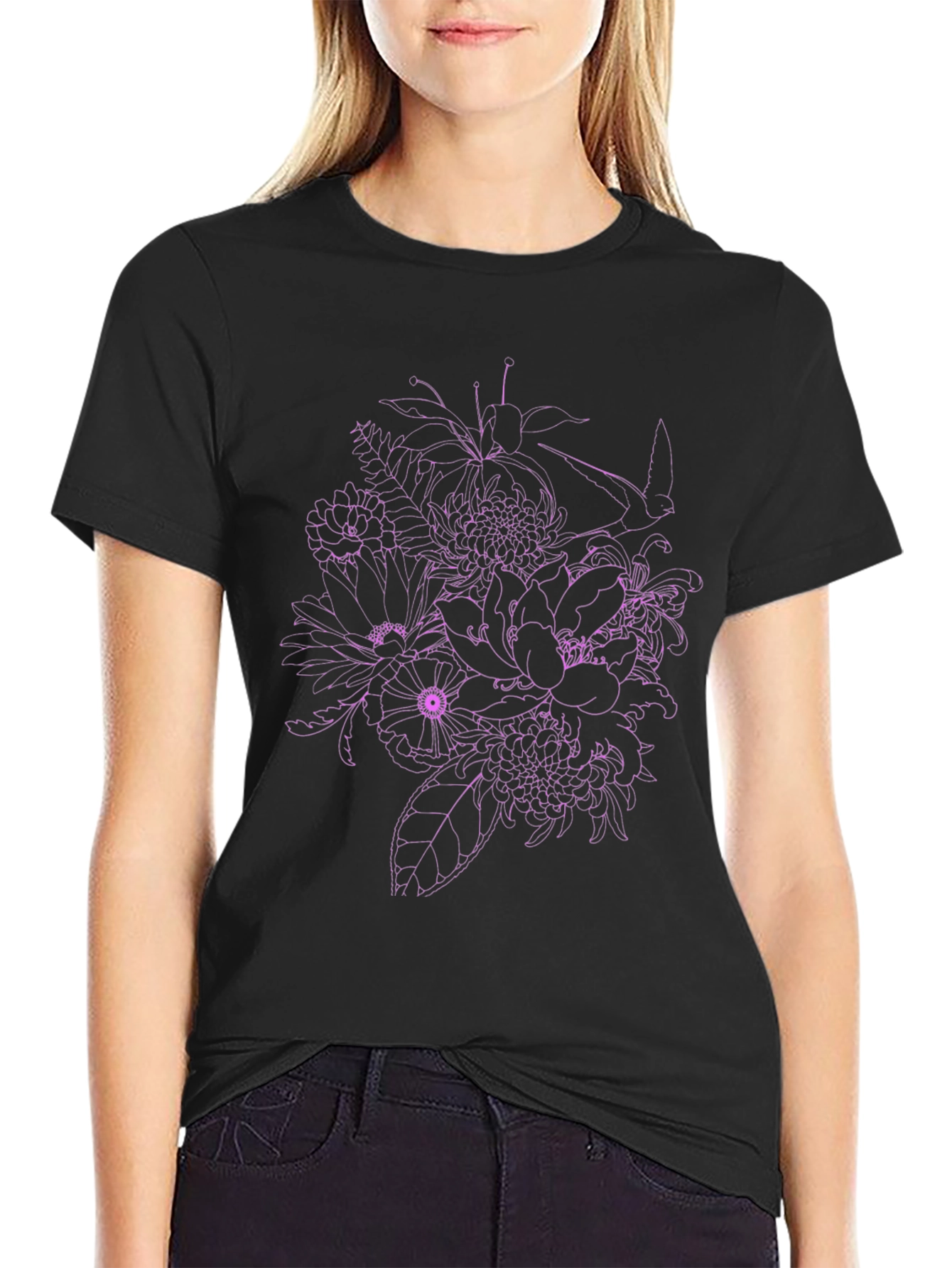 Floral Print Mens Black T-Shirt
