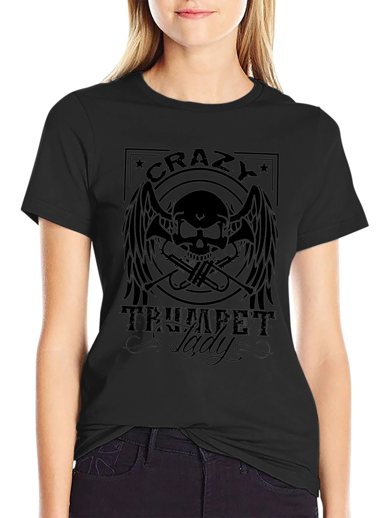 Crazy Trumpet Lady Black Graphic Tee
