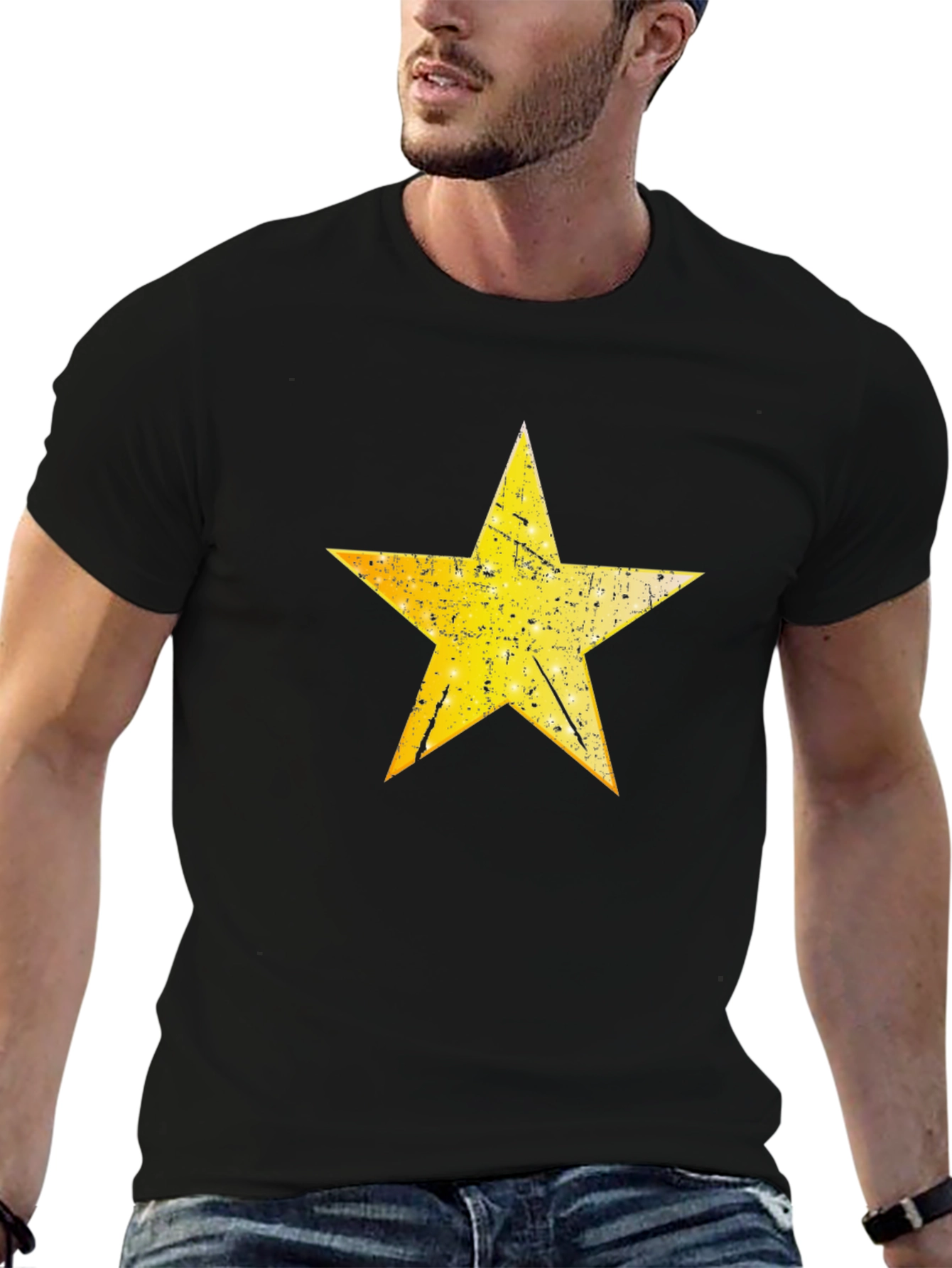 Distressed Yellow Star Graphic Black T-Shirt