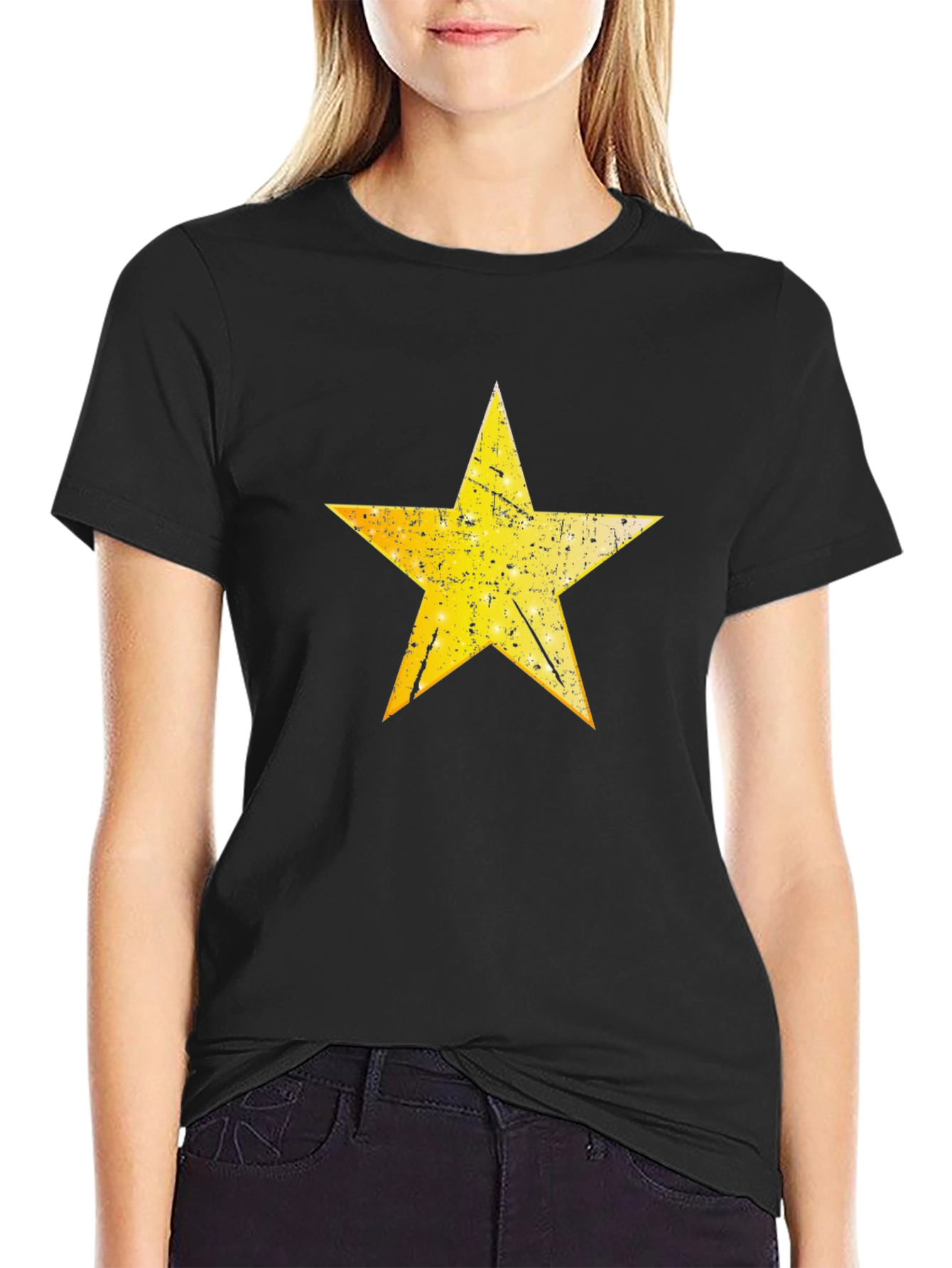 Distressed Yellow Star Graphic Black T-Shirt