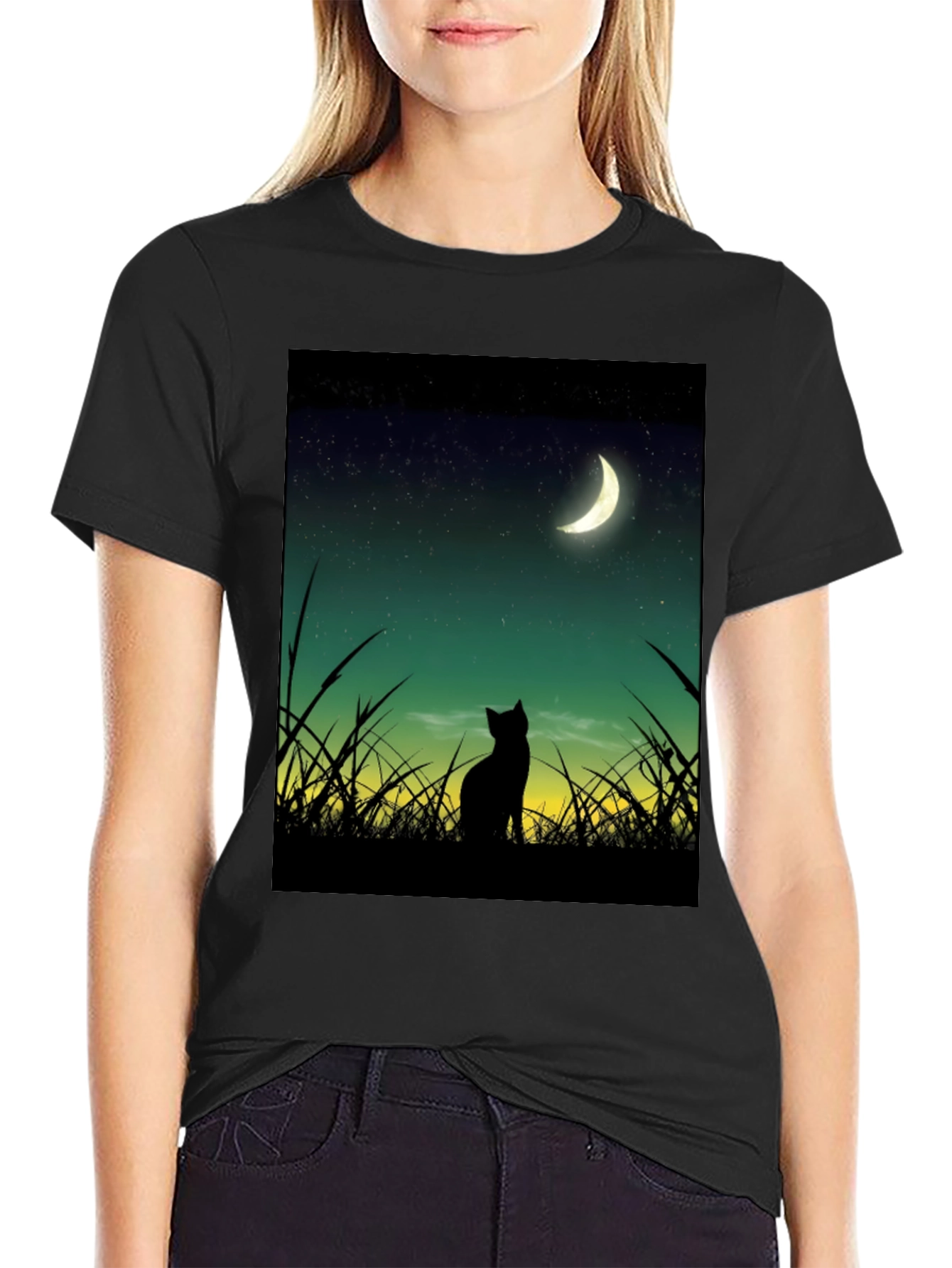 Black Cat Moon Gazing T-Shirt