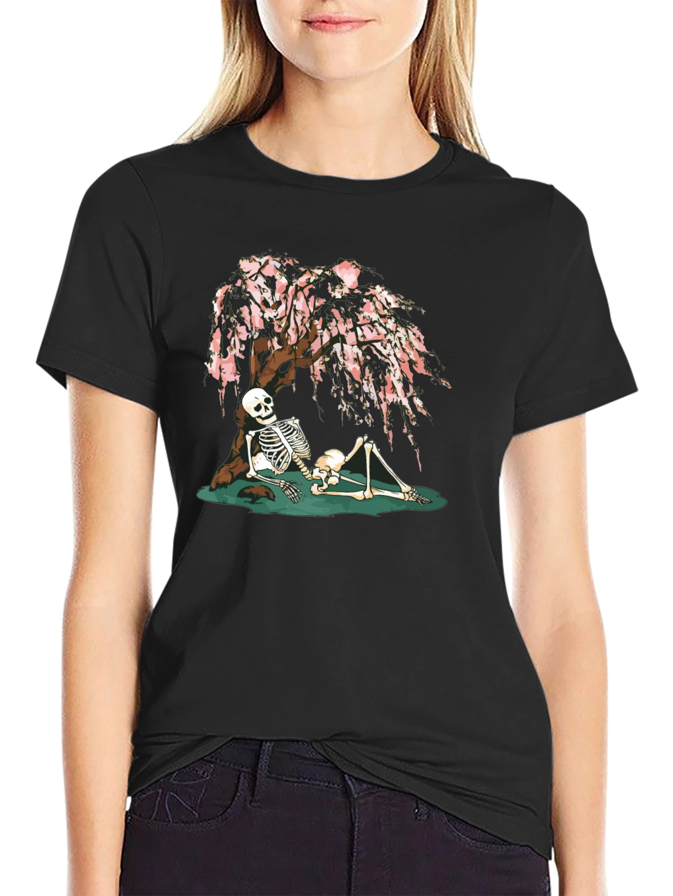 Skeleton Under Cherry Blossom Graphic Tee