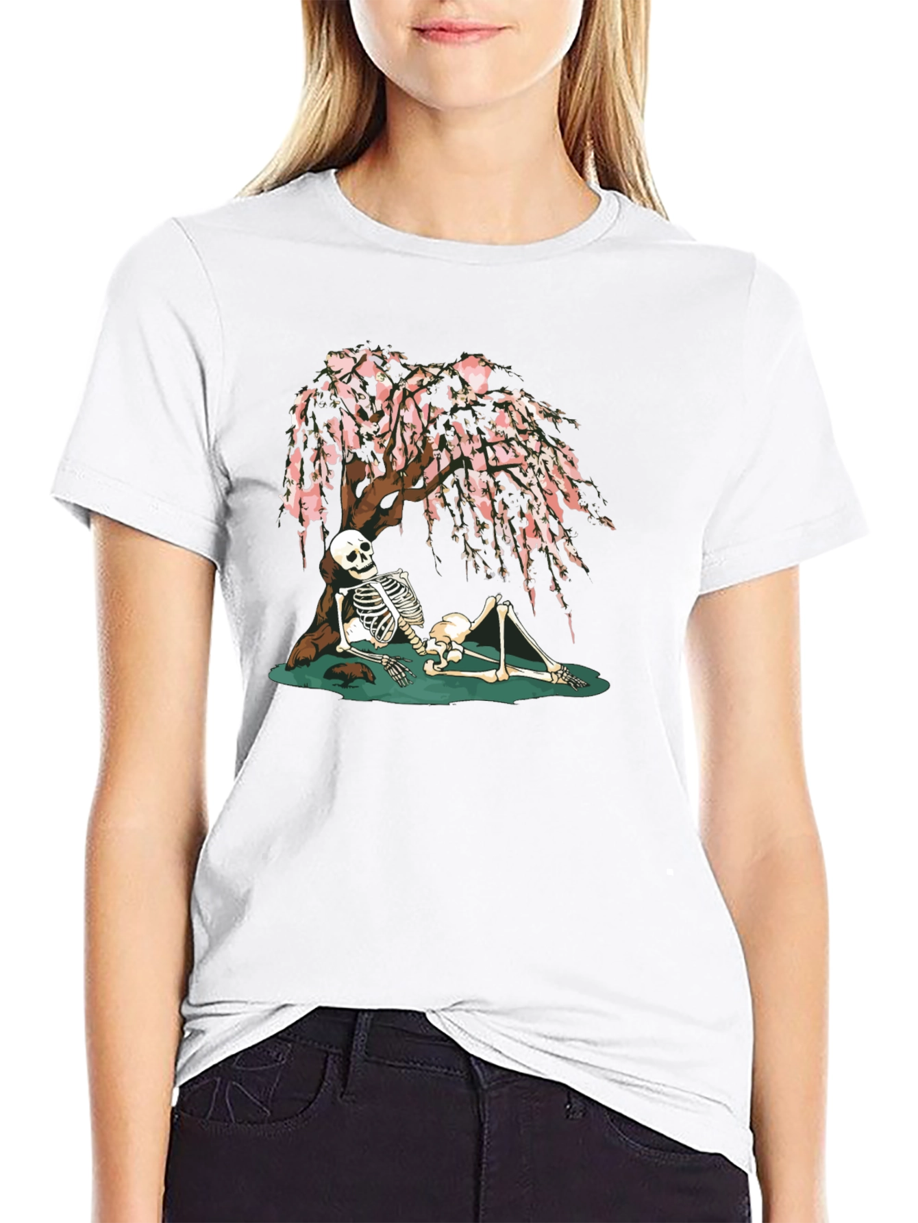 Skeleton Under Cherry Blossom Graphic Tee