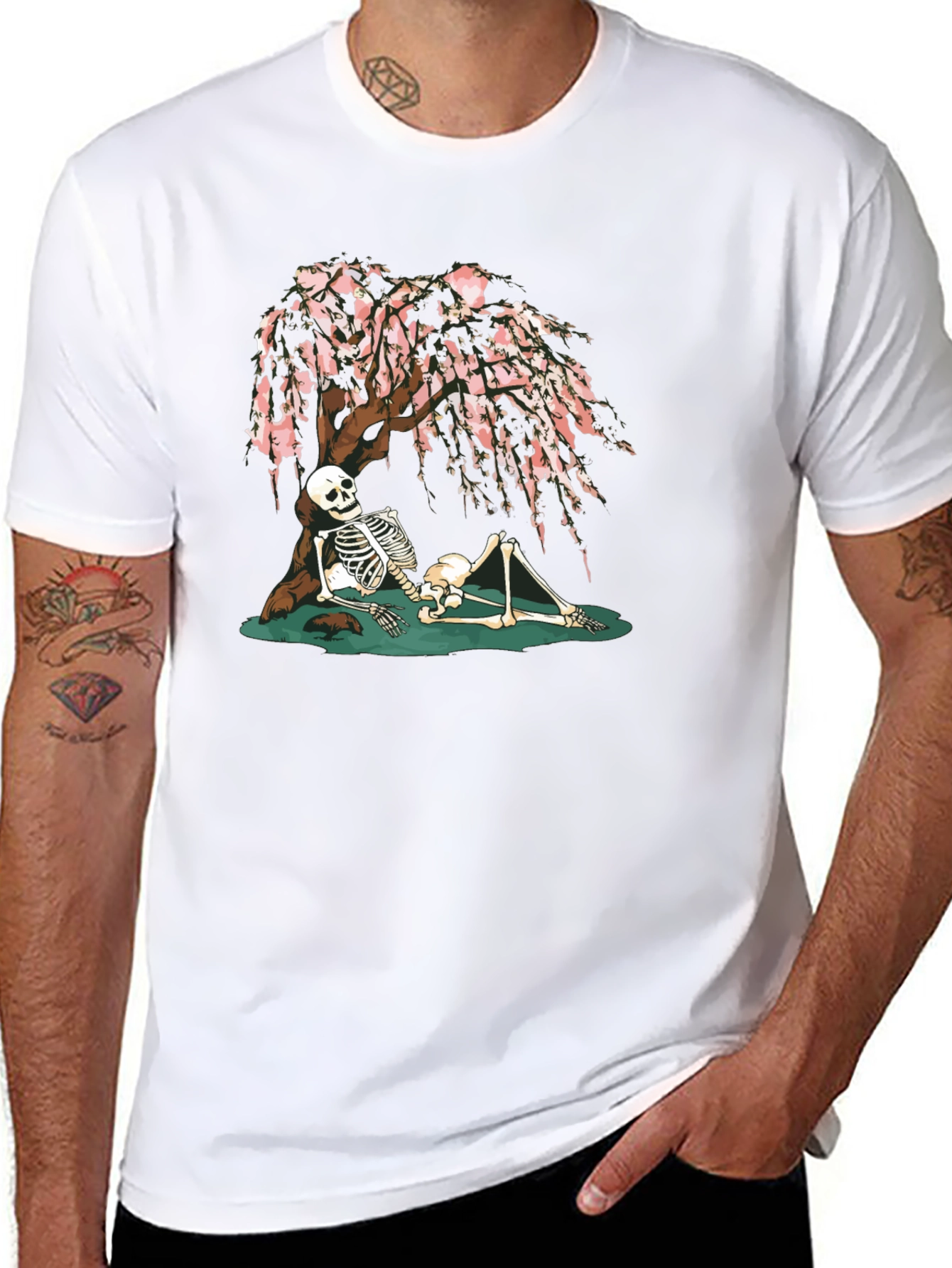 Skeleton Under Cherry Blossom Graphic Tee