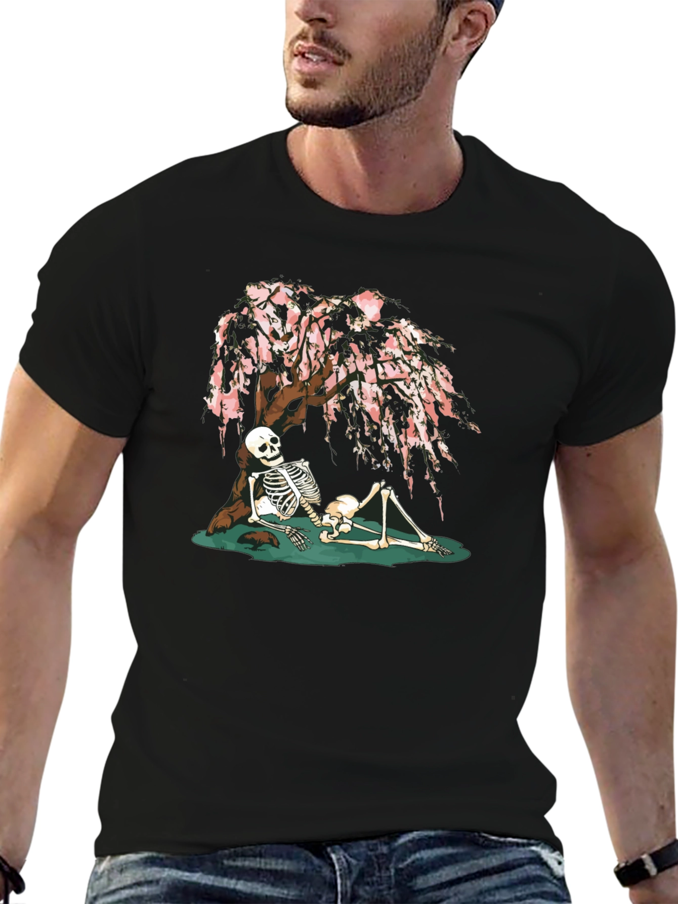 Skeleton Under Cherry Blossom Graphic Tee