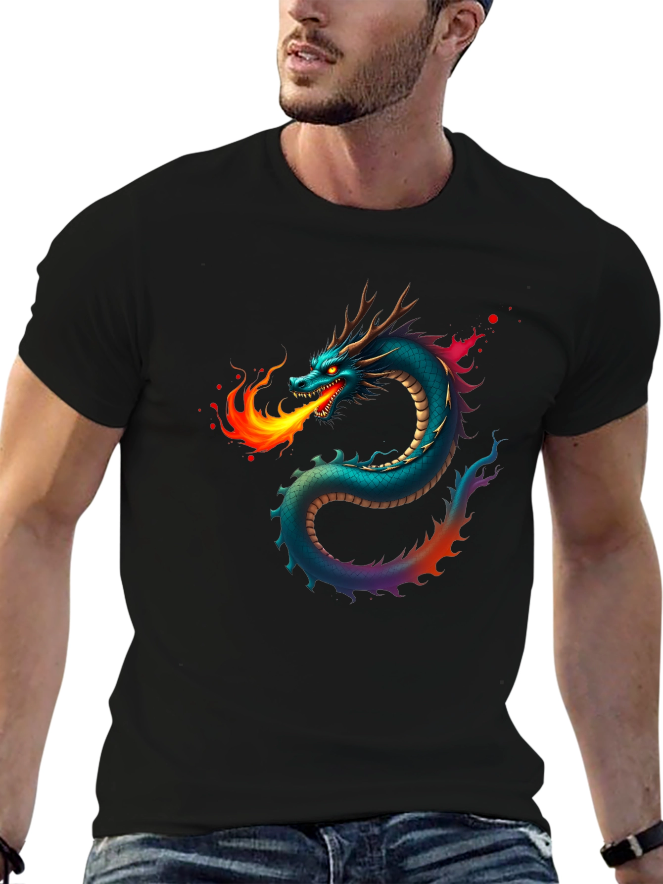Fiery Dragon Graphic Tee - Black Cotton