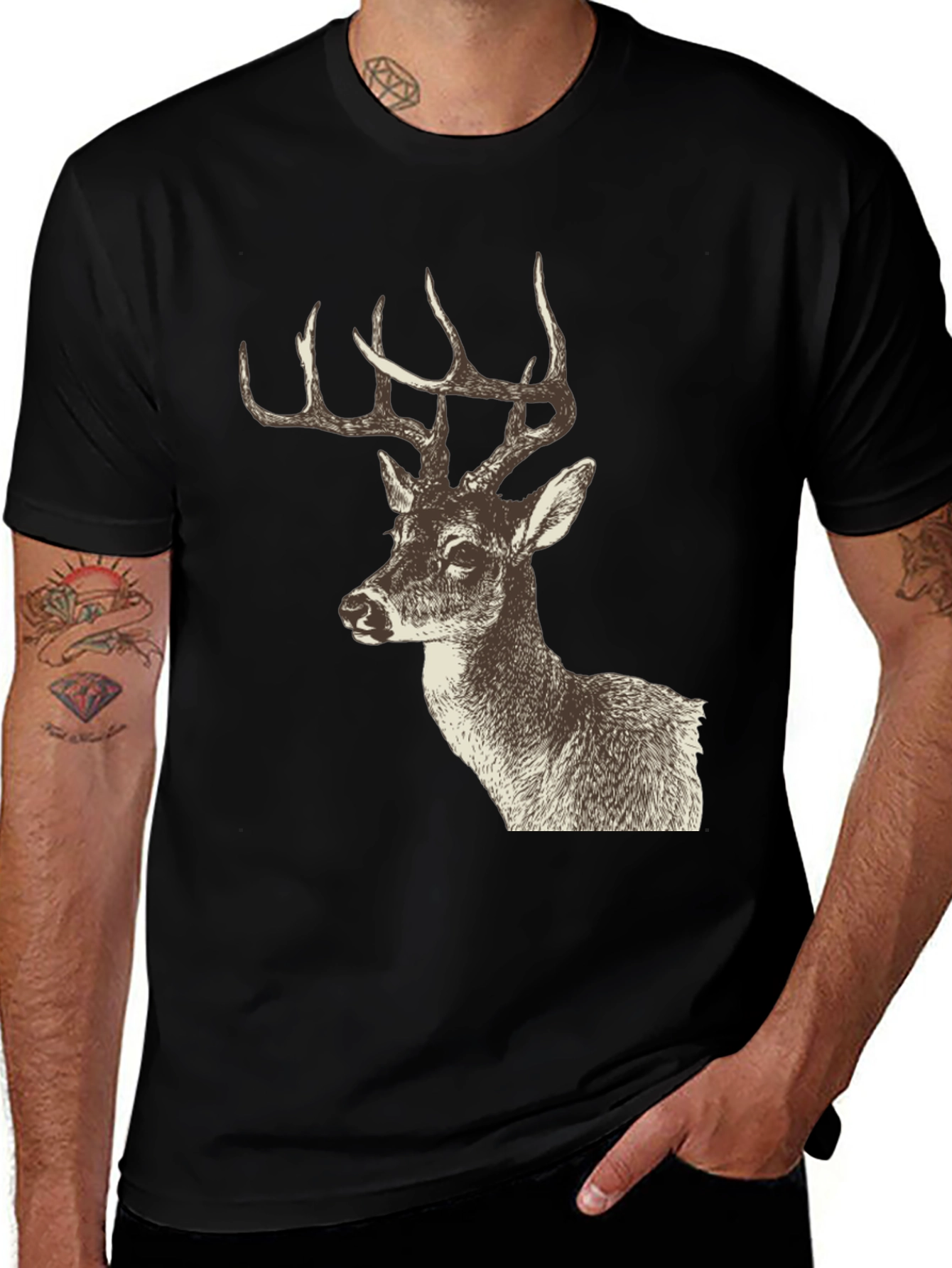 Deer Graphic Print Black T-Shirt