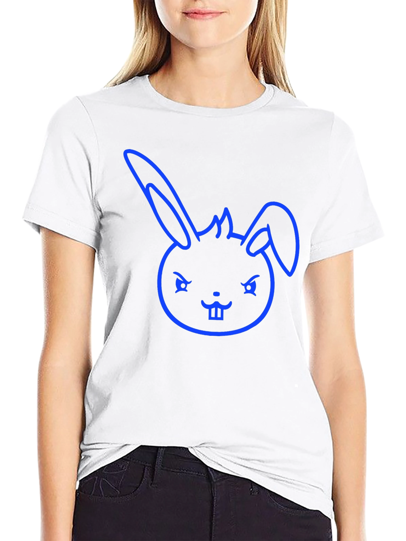 Cool Blue Bunny Graphic Tee - Black Cotton Blend