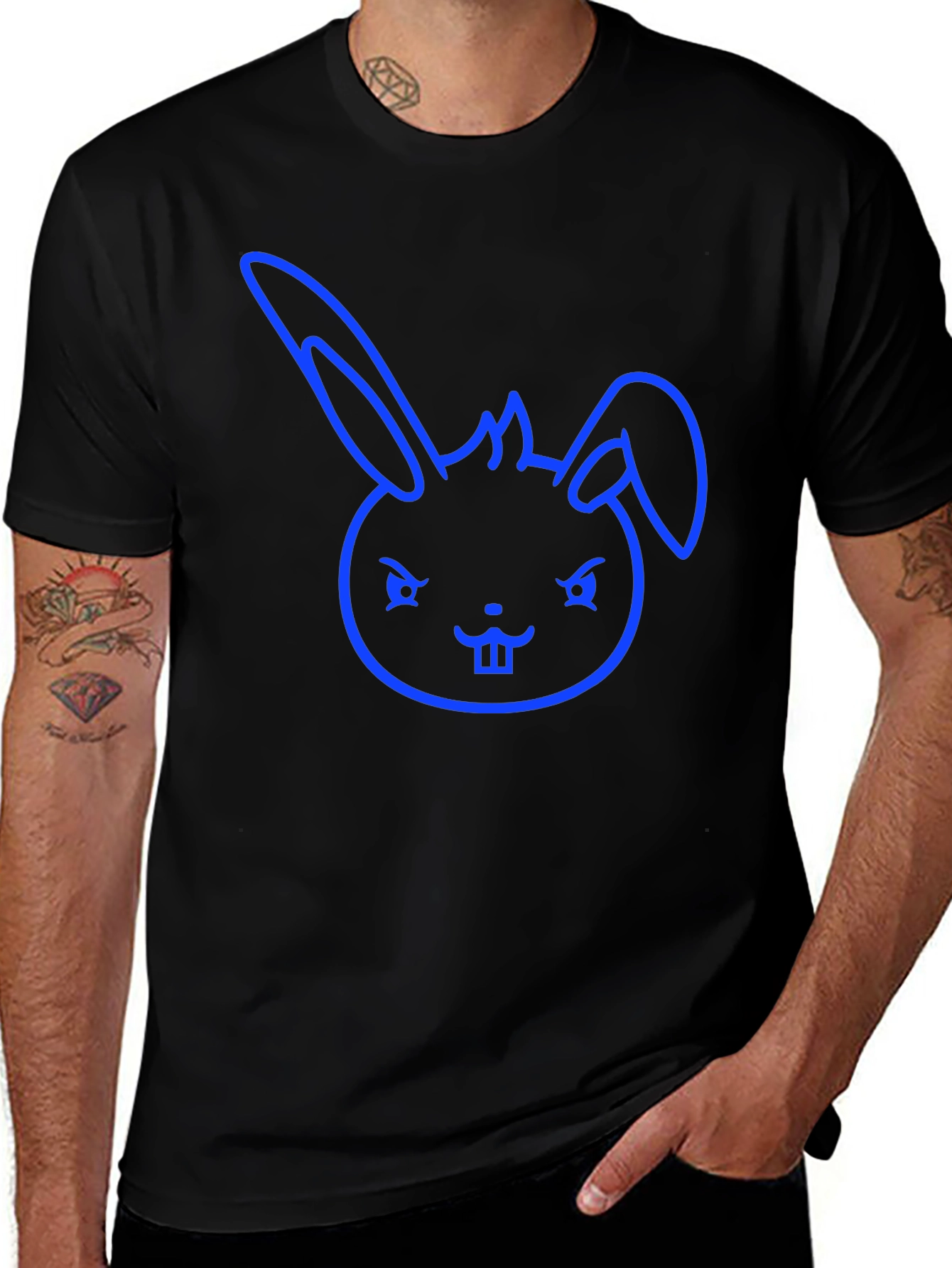Cool Blue Bunny Graphic Tee - Black Cotton Blend