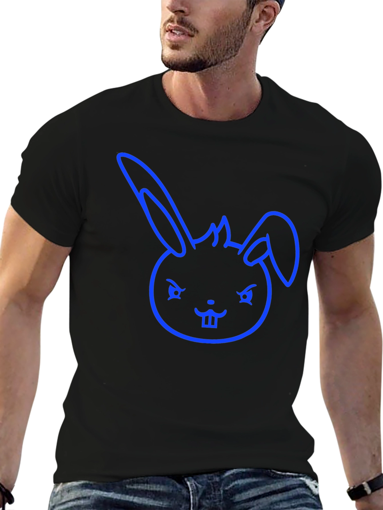 Cool Blue Bunny Graphic Tee - Black Cotton Blend