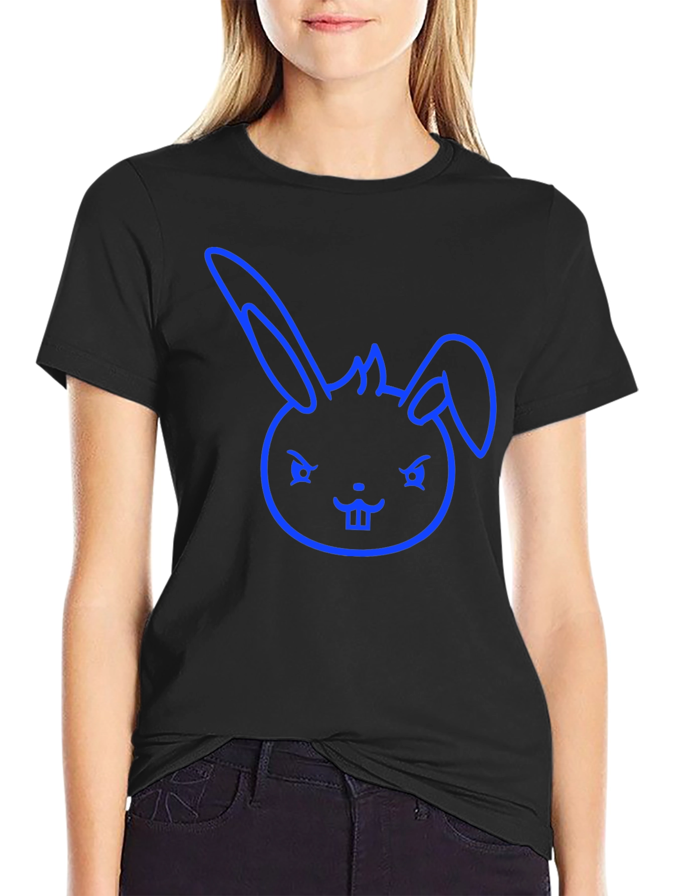 Cool Blue Bunny Graphic Tee - Black Cotton Blend