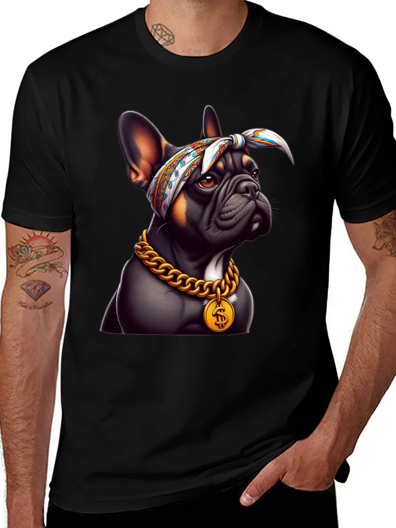 Cool Bulldog Wearing Bandana & Gold Chain T-Shirt
