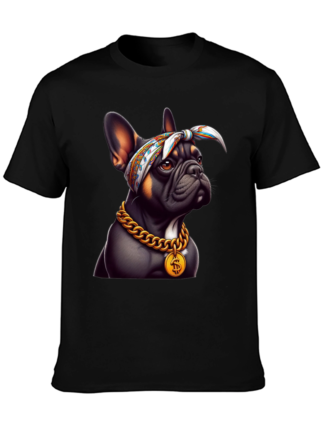 Cool Bulldog Wearing Bandana & Gold Chain T-Shirt
