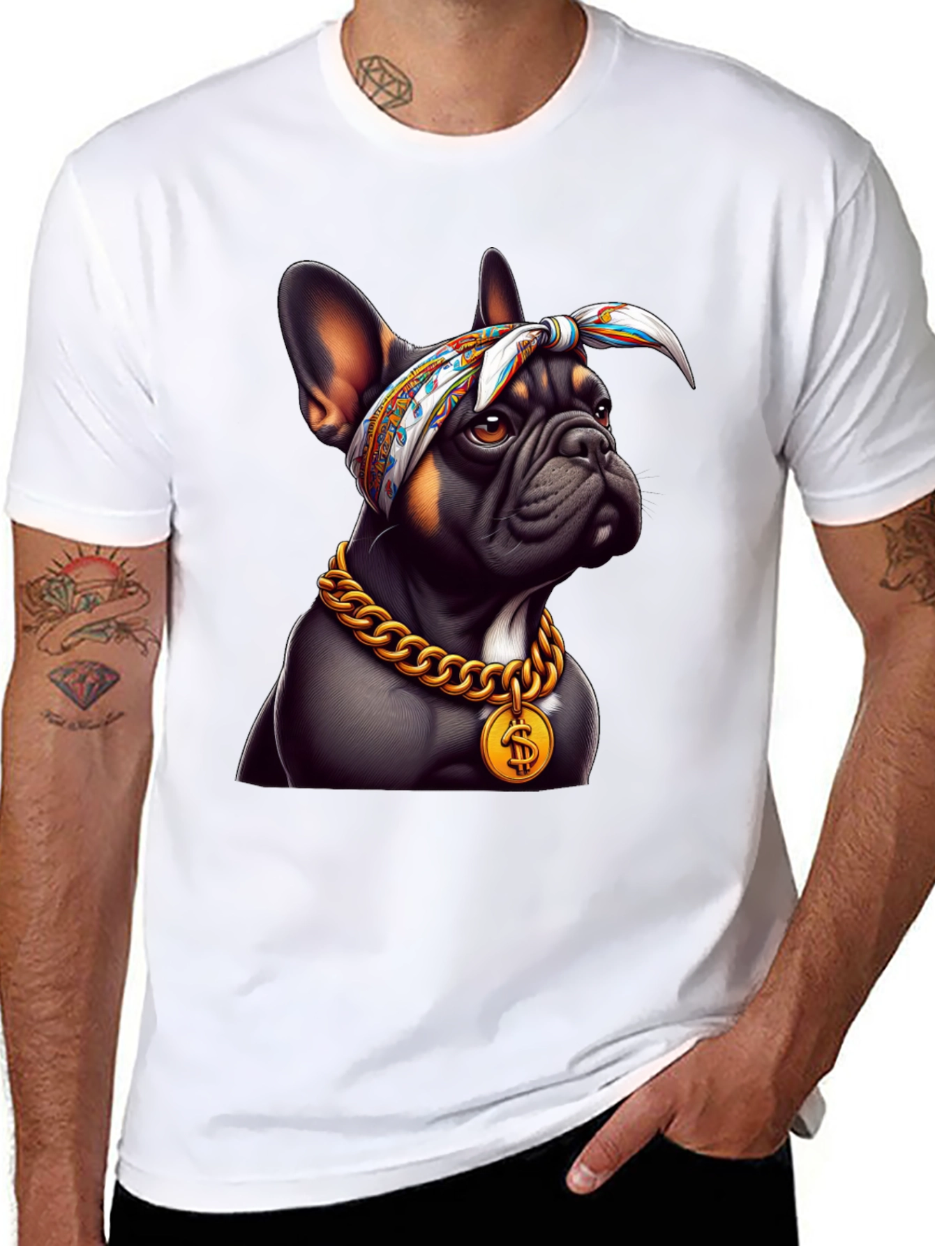 Cool Bulldog Wearing Bandana & Gold Chain T-Shirt