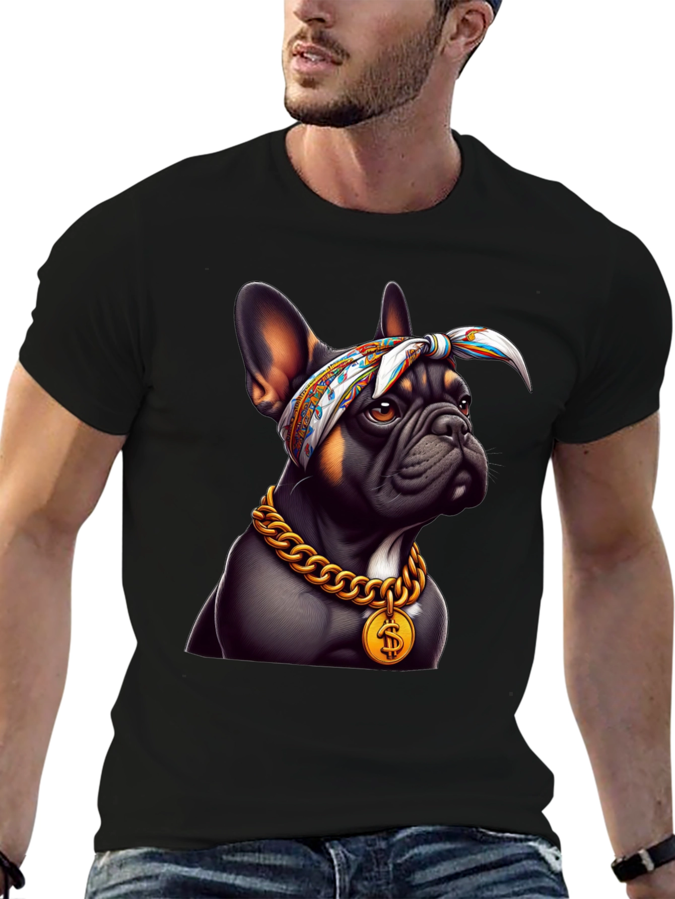 Cool Bulldog Wearing Bandana & Gold Chain T-Shirt