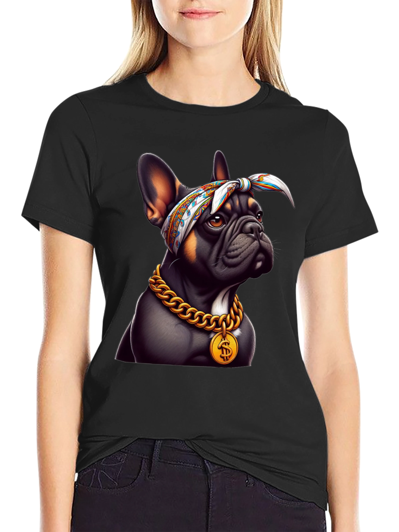Cool Bulldog Wearing Bandana & Gold Chain T-Shirt
