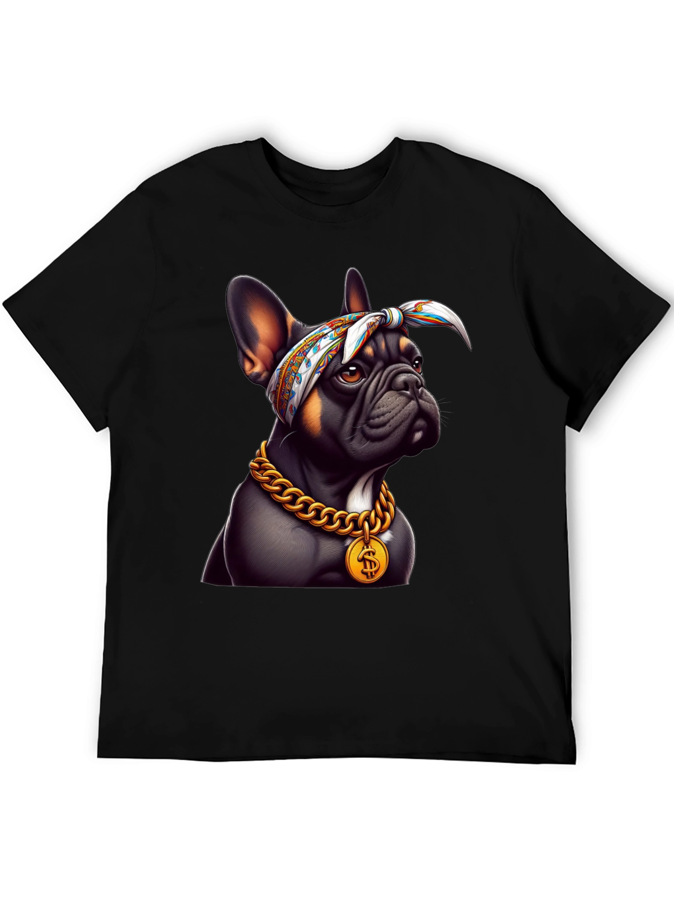 Cool Bulldog Wearing Bandana & Gold Chain T-Shirt