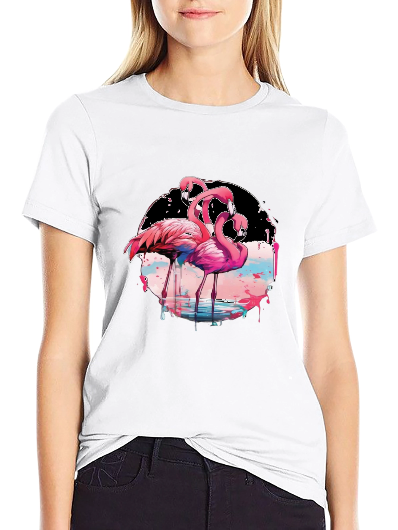 Flamingo Graphic Print Black T-Shirt