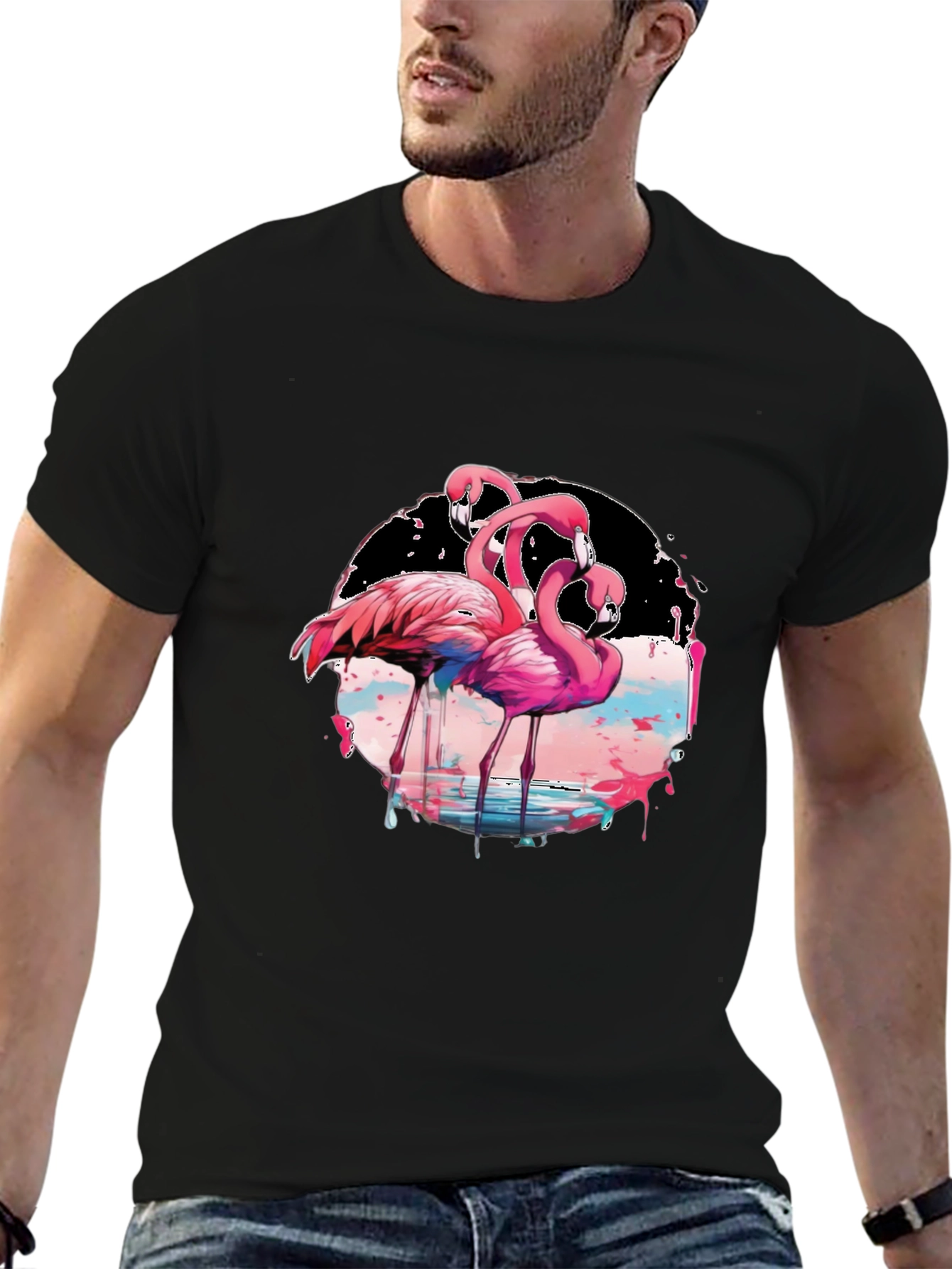 Flamingo Graphic Print Black T-Shirt