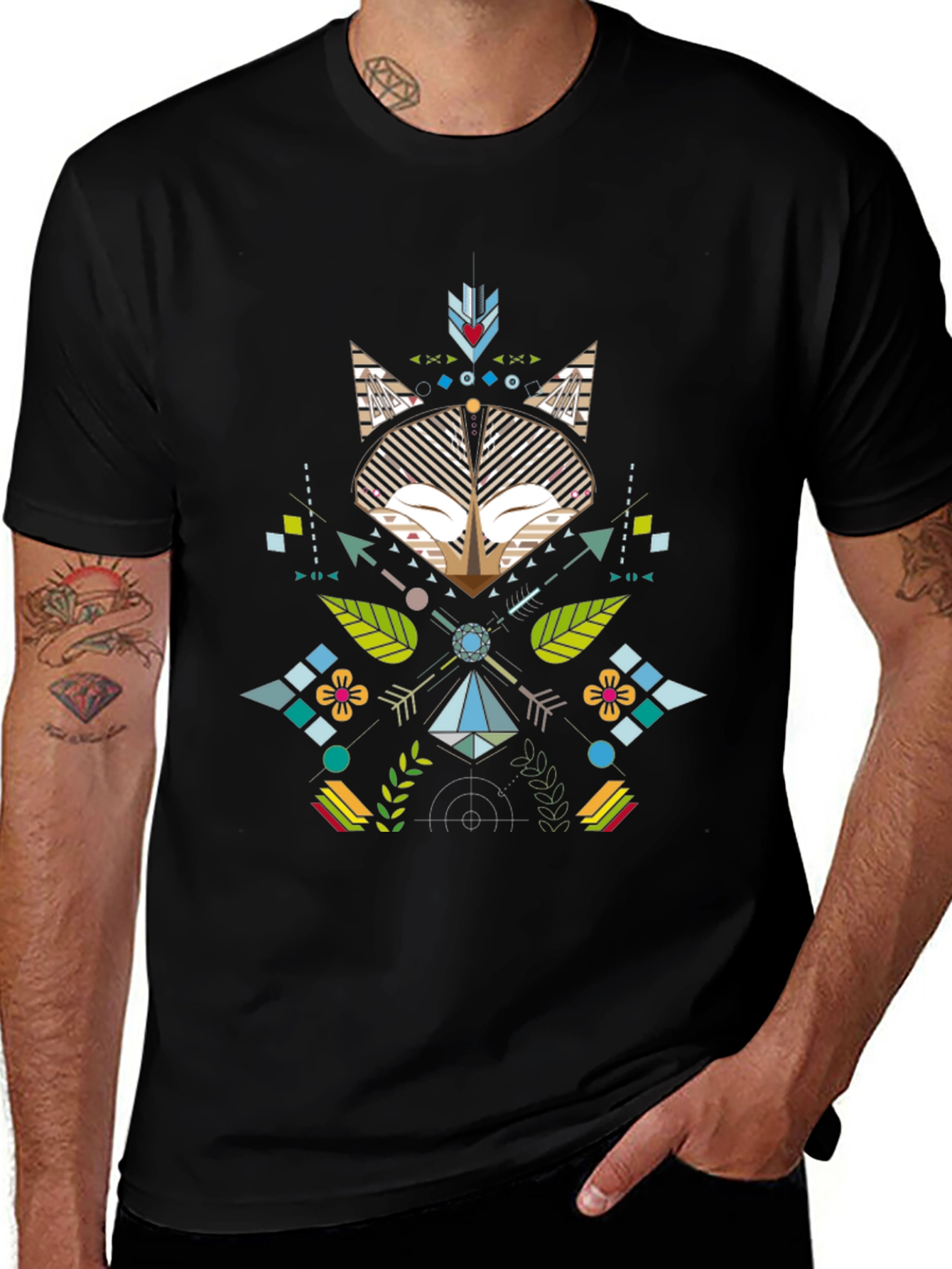 Geometric Fox Print Black T-Shirt