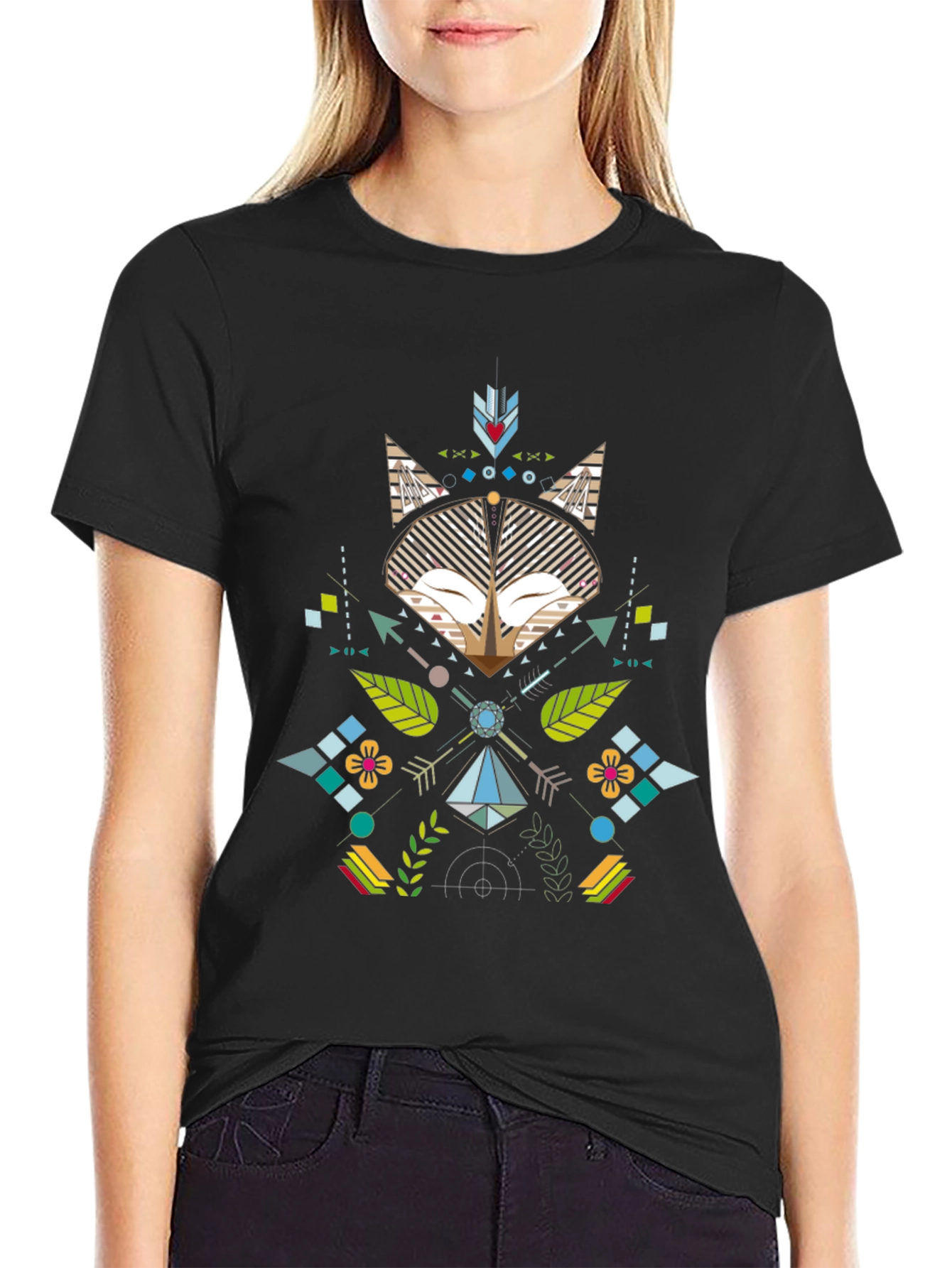 Geometric Fox Print Black T-Shirt