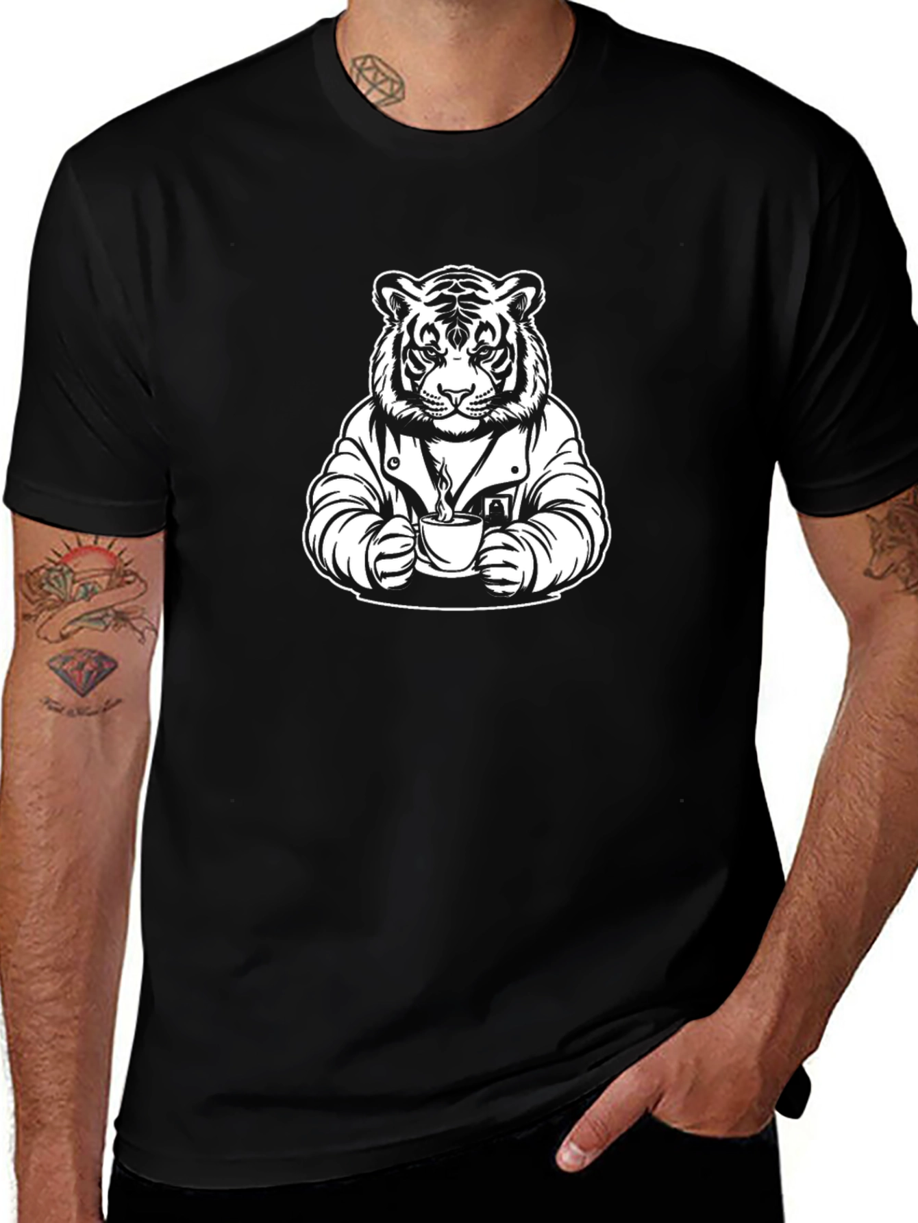 Tiger Drinking Coffee Black T-Shirt - Unique Graphic Tee