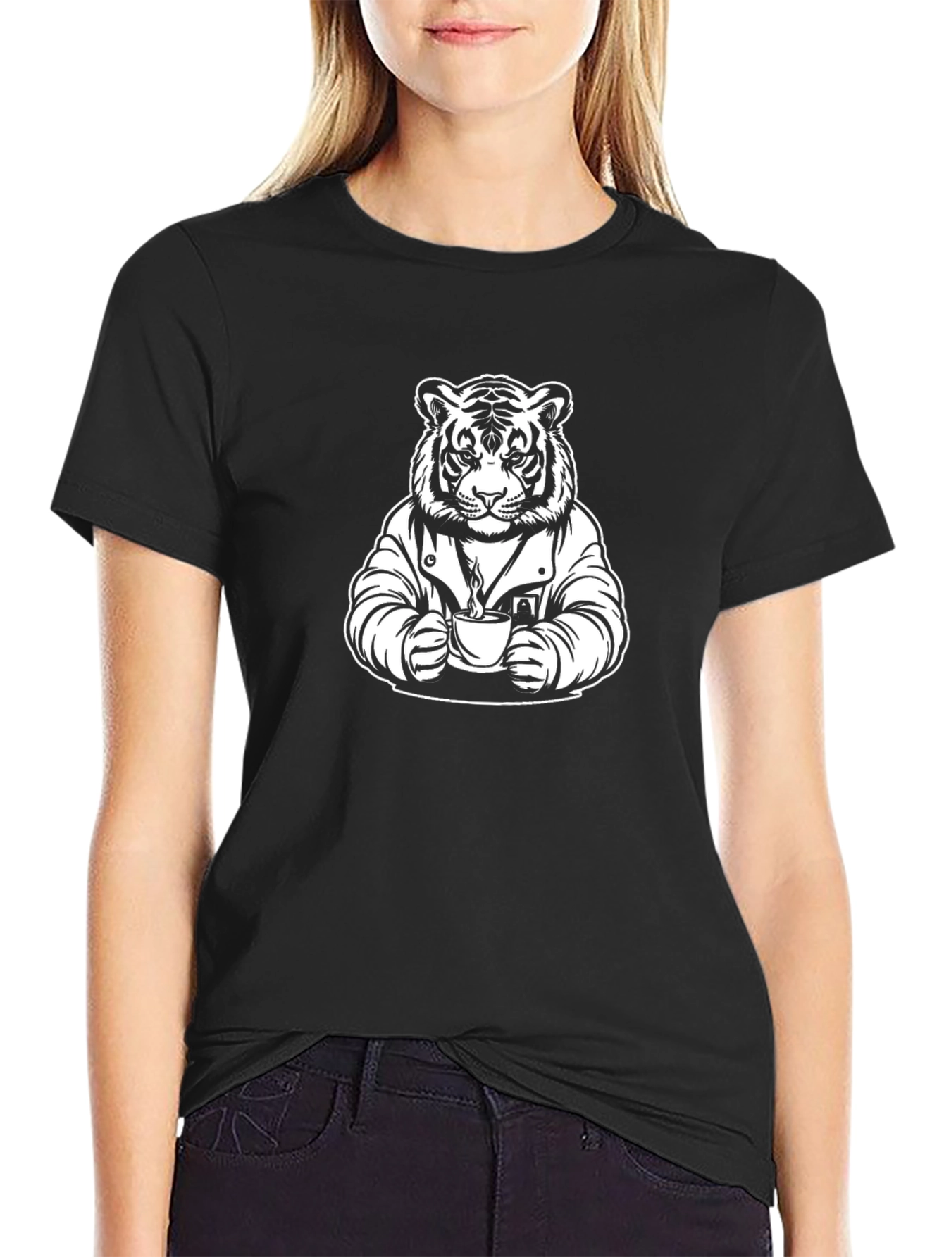 Tiger Drinking Coffee Black T-Shirt - Unique Graphic Tee