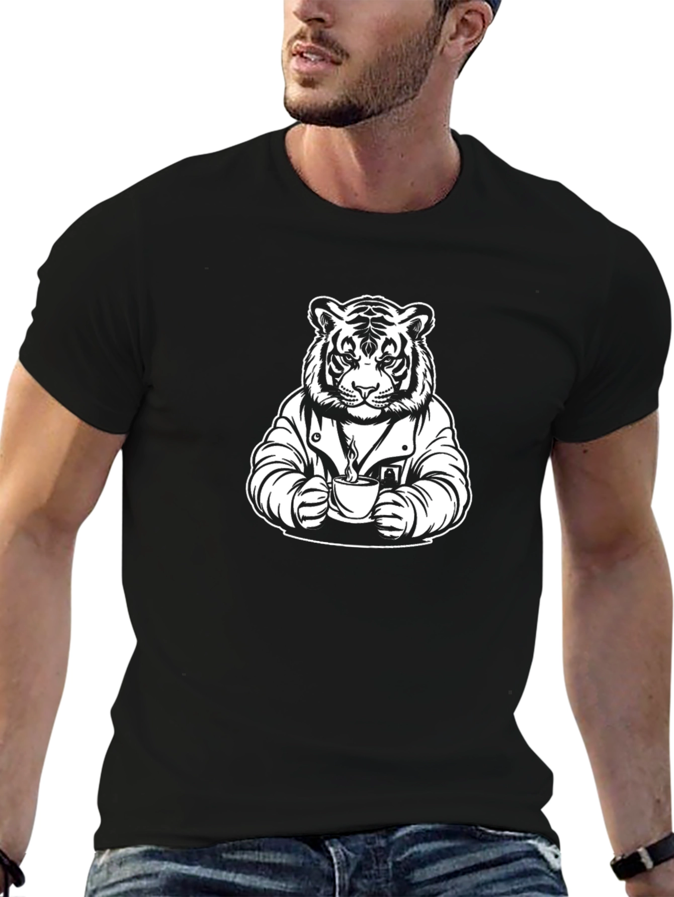 Tiger Drinking Coffee Black T-Shirt - Unique Graphic Tee