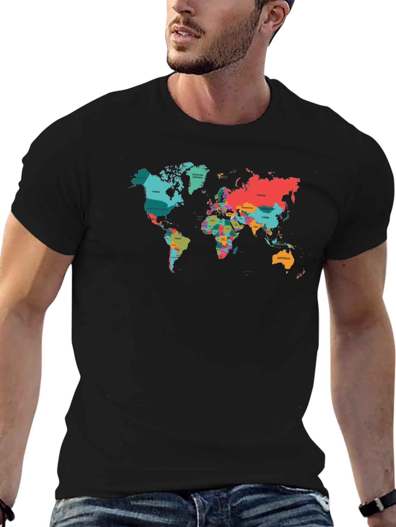 World Map Graphic Tee - Black Cotton T-Shirt
