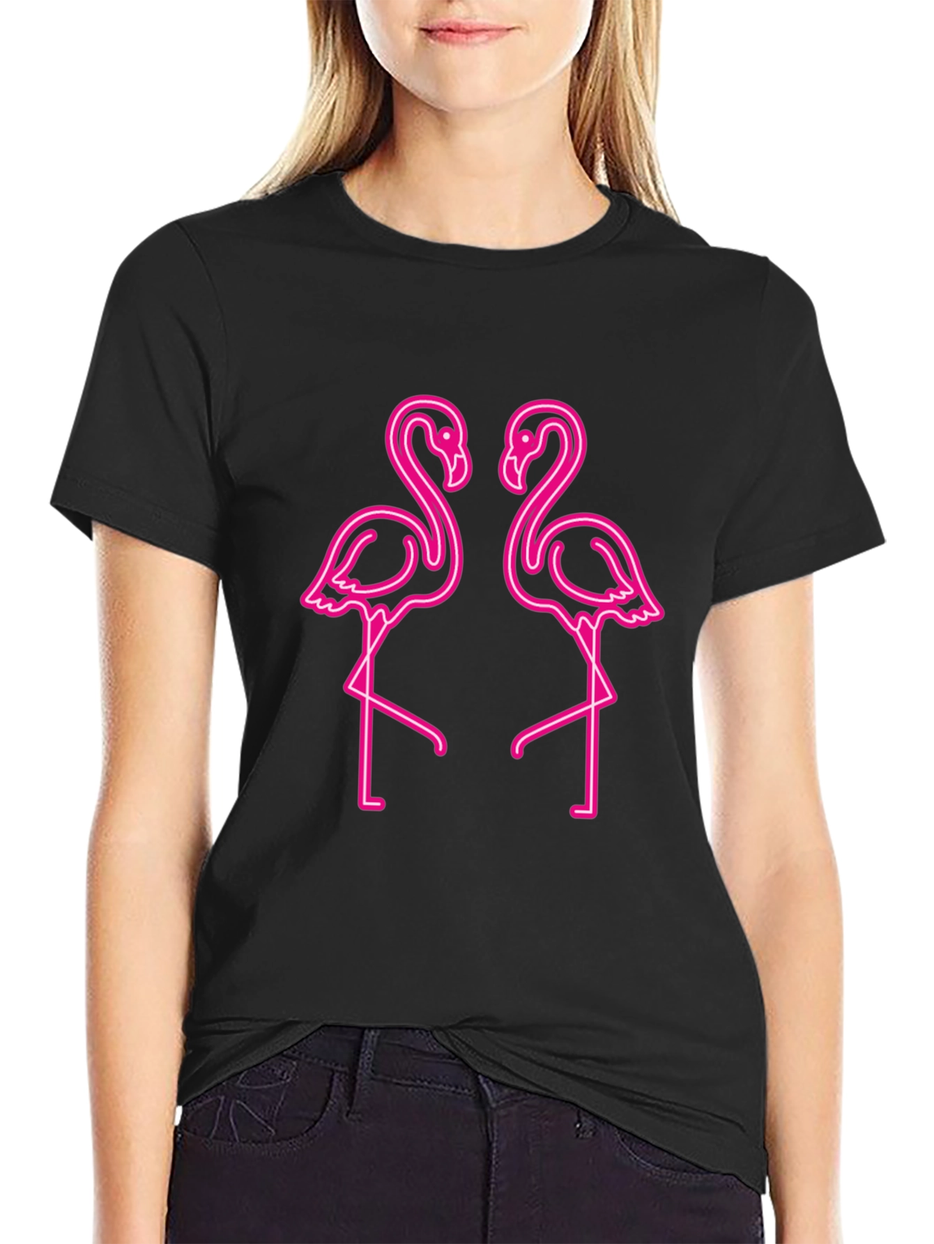 Neon Flamingo Graphic Tee - Black Cotton Shirt