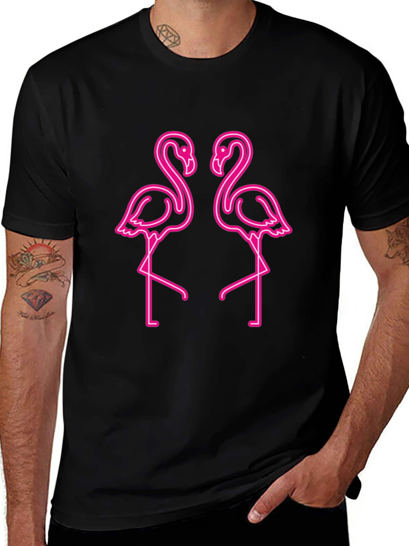 Neon Flamingo Graphic Tee - Black Cotton Shirt