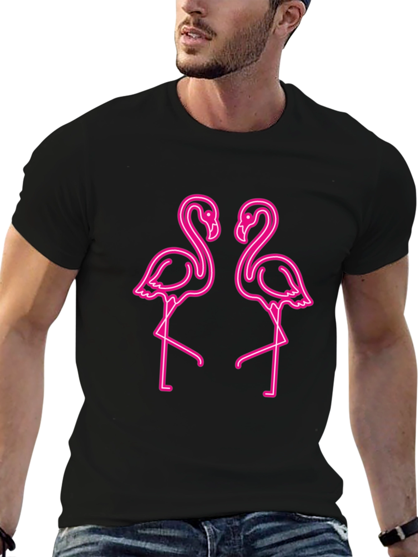 Neon Flamingo Graphic Tee - Black Cotton Shirt