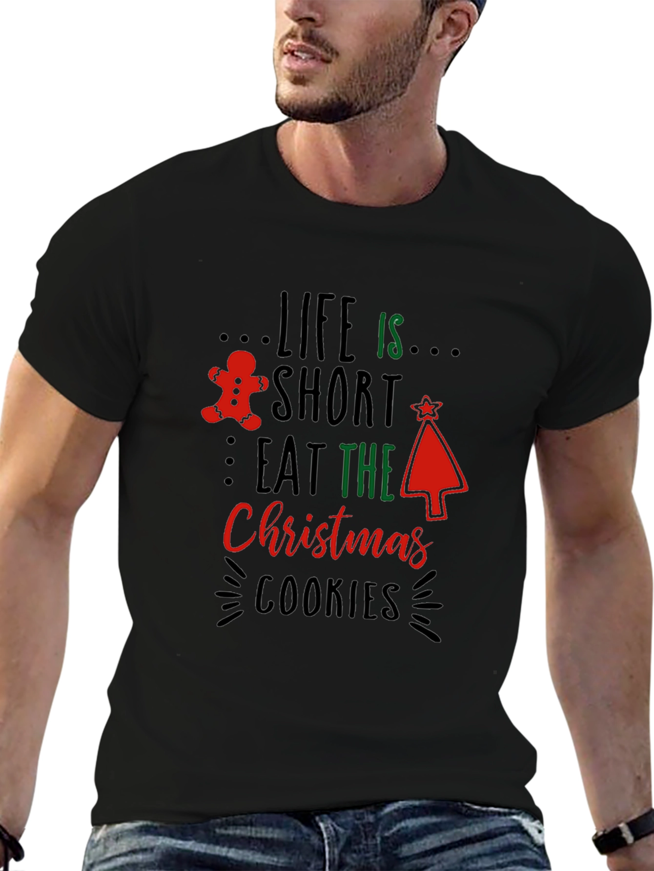 Life is Short Eat Christmas Cookies Black T-Shirt
