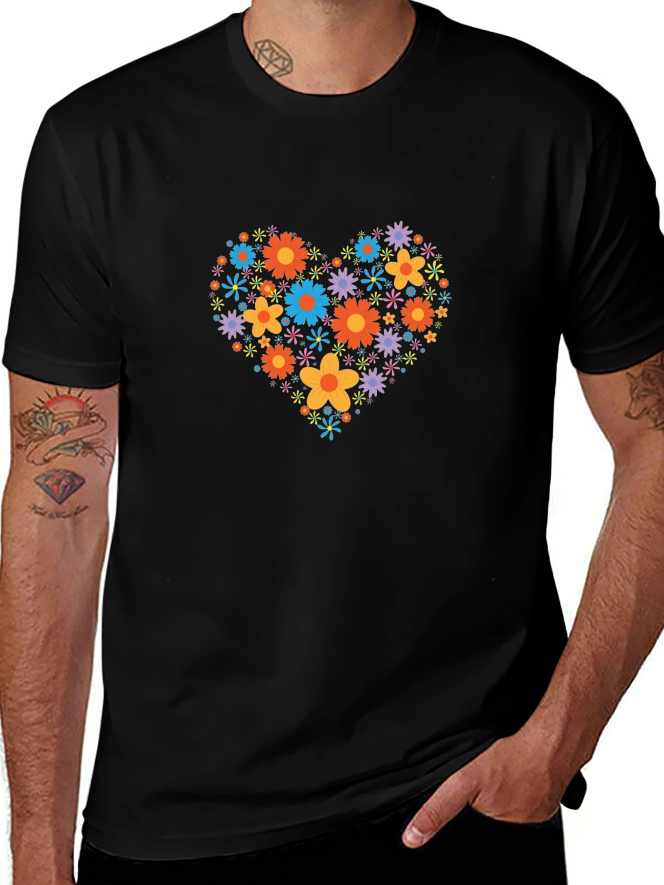 Floral Heart Graphic Black T-Shirt
